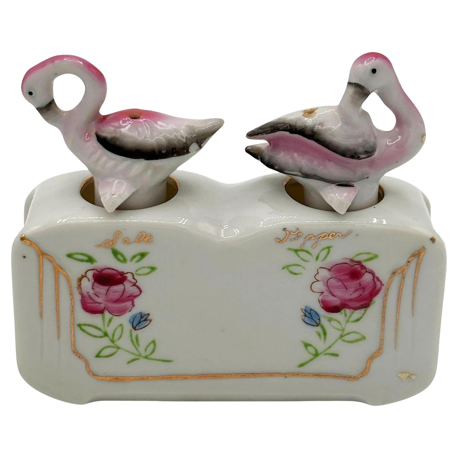 Mid-century Flamingo Ceramic Tabletop Salt & Pepper Shaker Set w/ Base For Sale