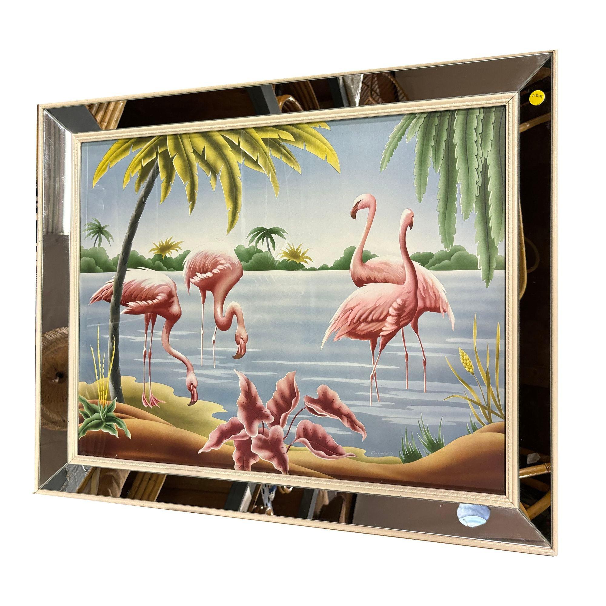 This Mid-Century Flamingo lithograph print features vibrant flamingos set against a soft, pastel backdrop, capturing the elegance and grace of these exotic birds. The print is framed in a sleek, mirror-bordered frame, adding a reflective,