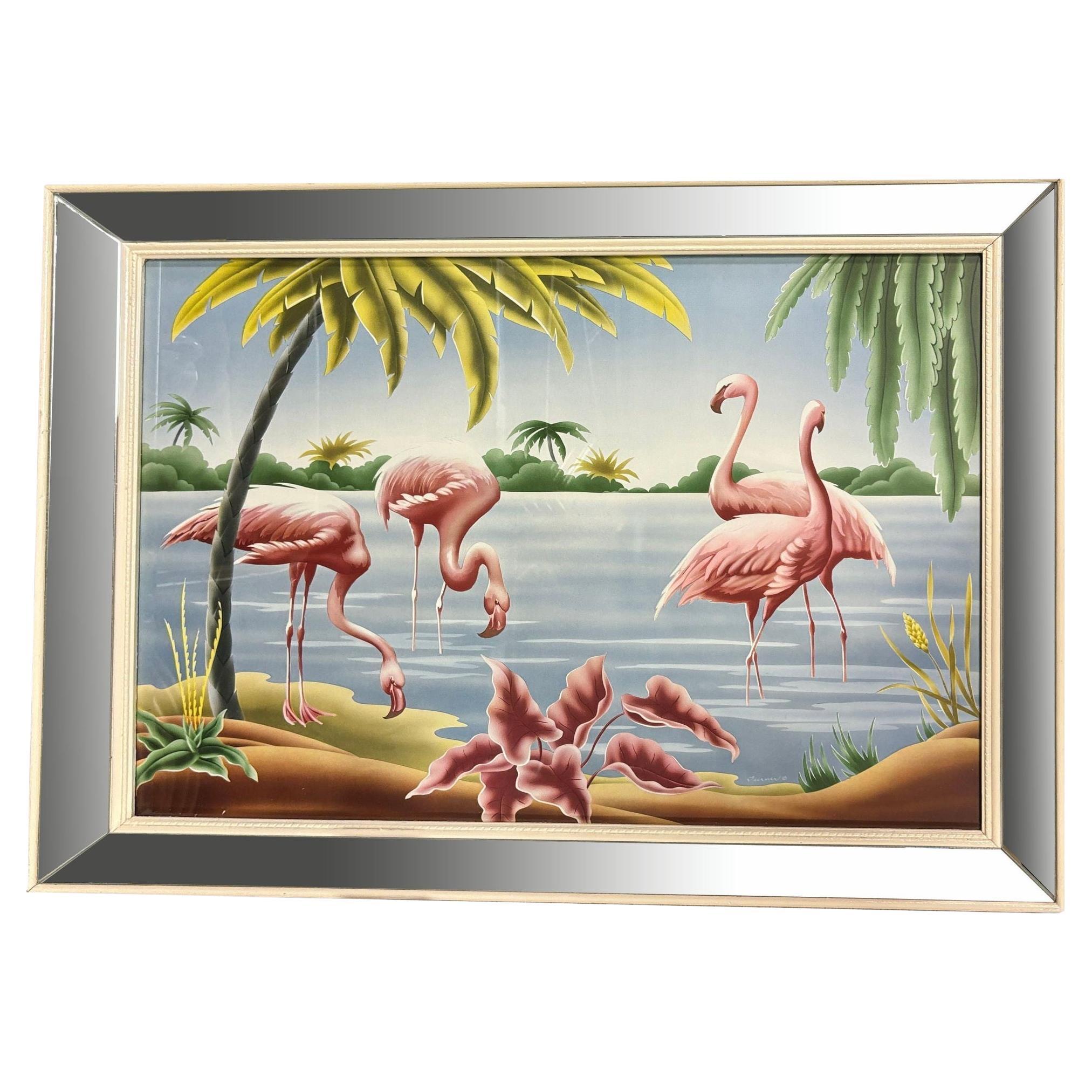 Mid Century Flamingo Lithograph Print by Turner in Mirror Frame