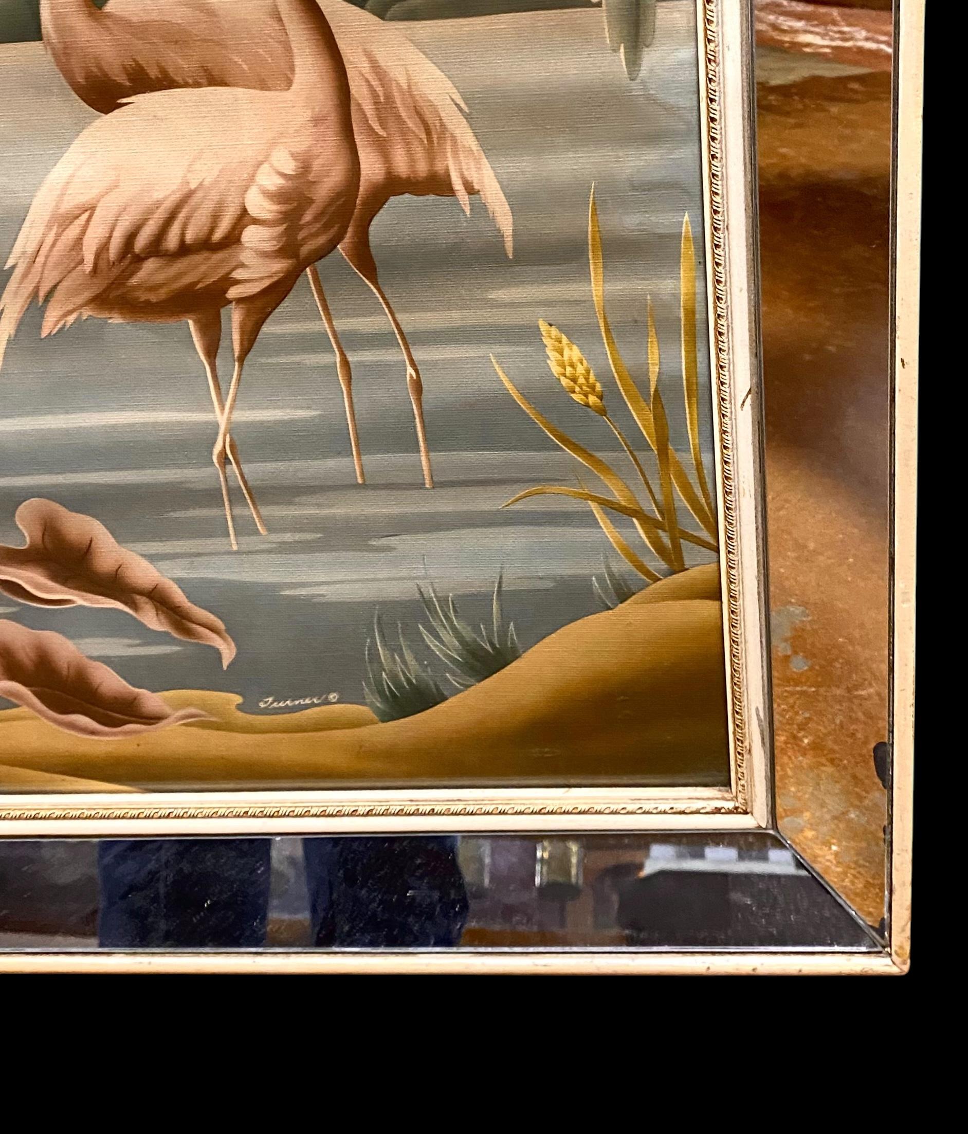 American Mid Century Flamingo Lithograph Print by Turner in Mirrored Frame For Sale