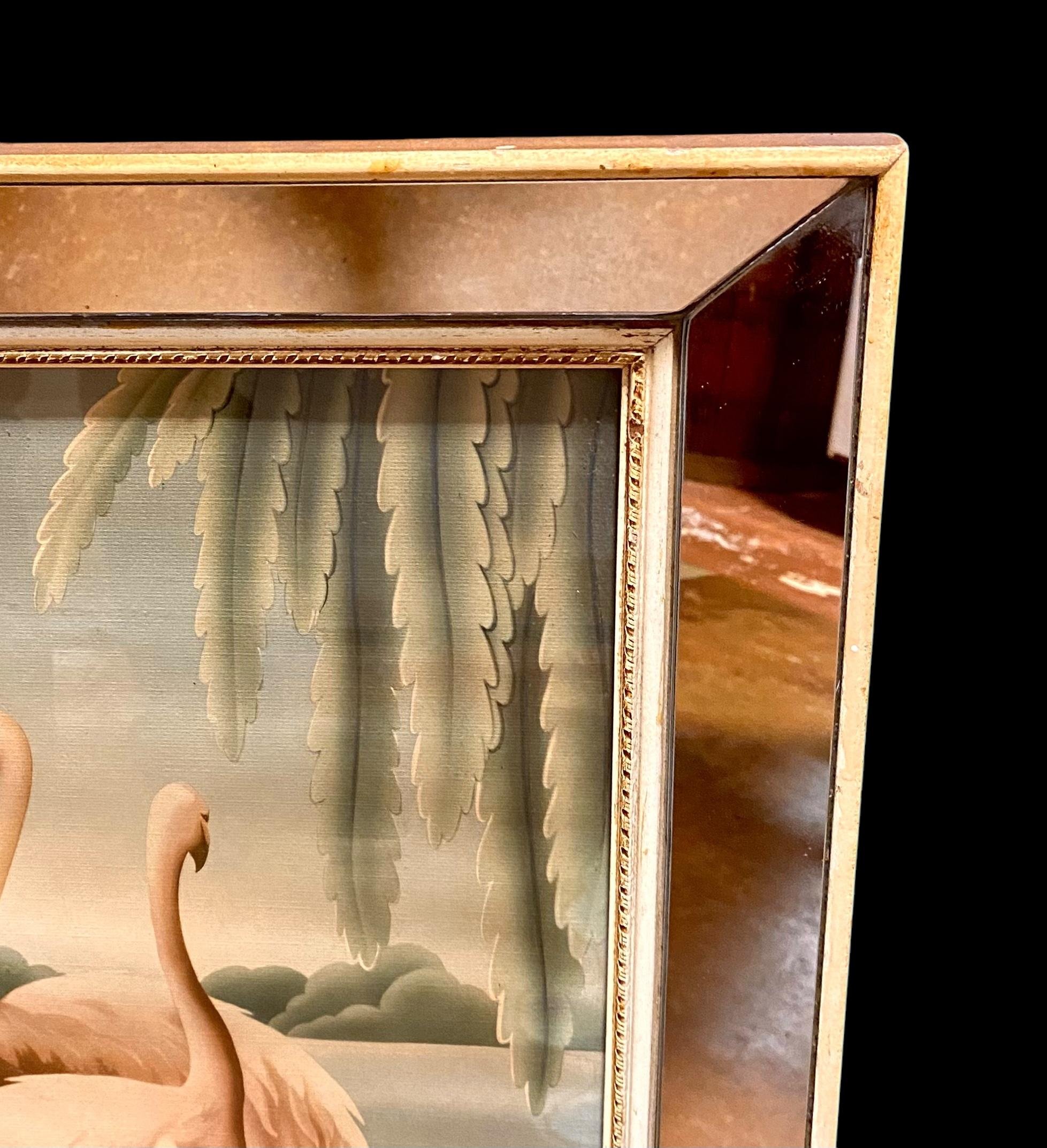 Glazed Mid Century Flamingo Lithograph Print by Turner in Mirrored Frame For Sale