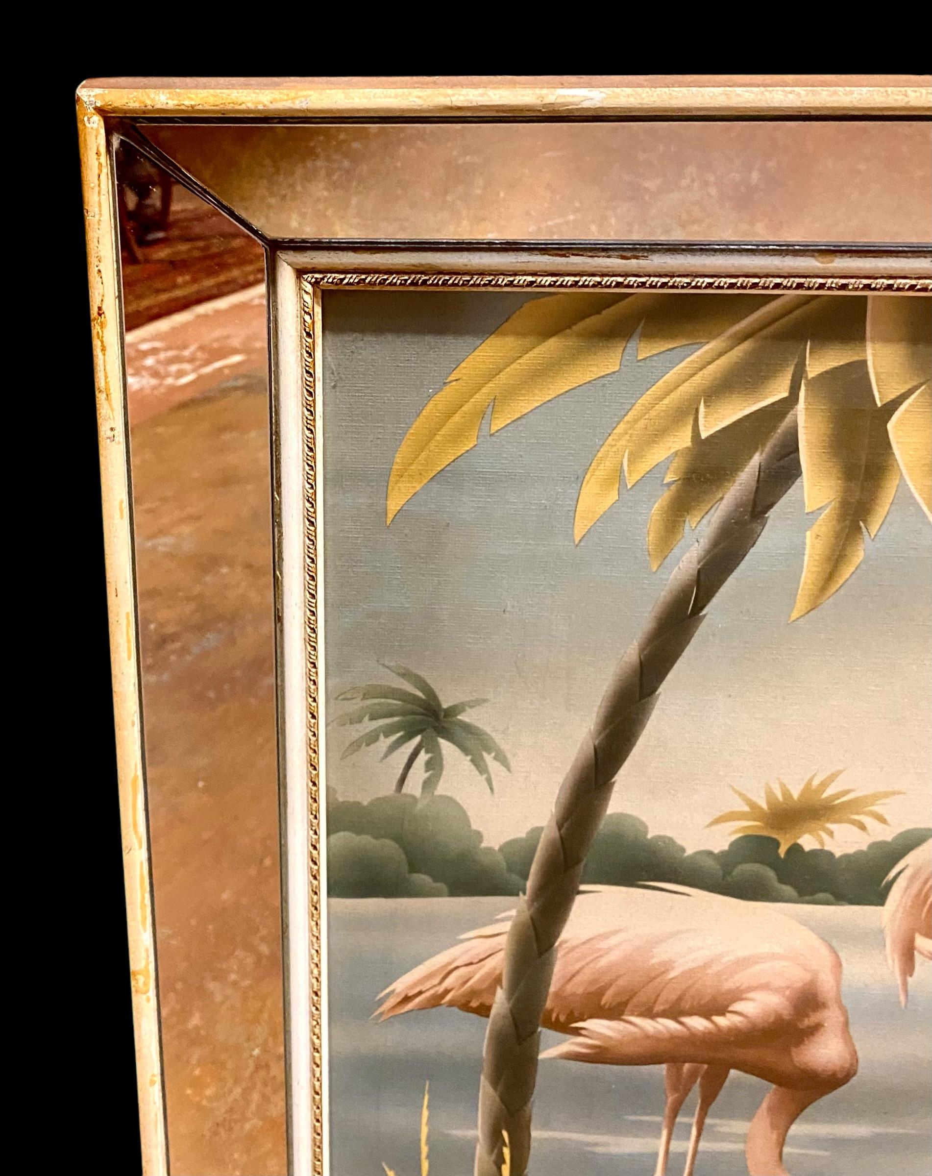 Mid Century Flamingo Lithograph Print by Turner in Mirrored Frame In Good Condition For Sale In New Orleans, LA