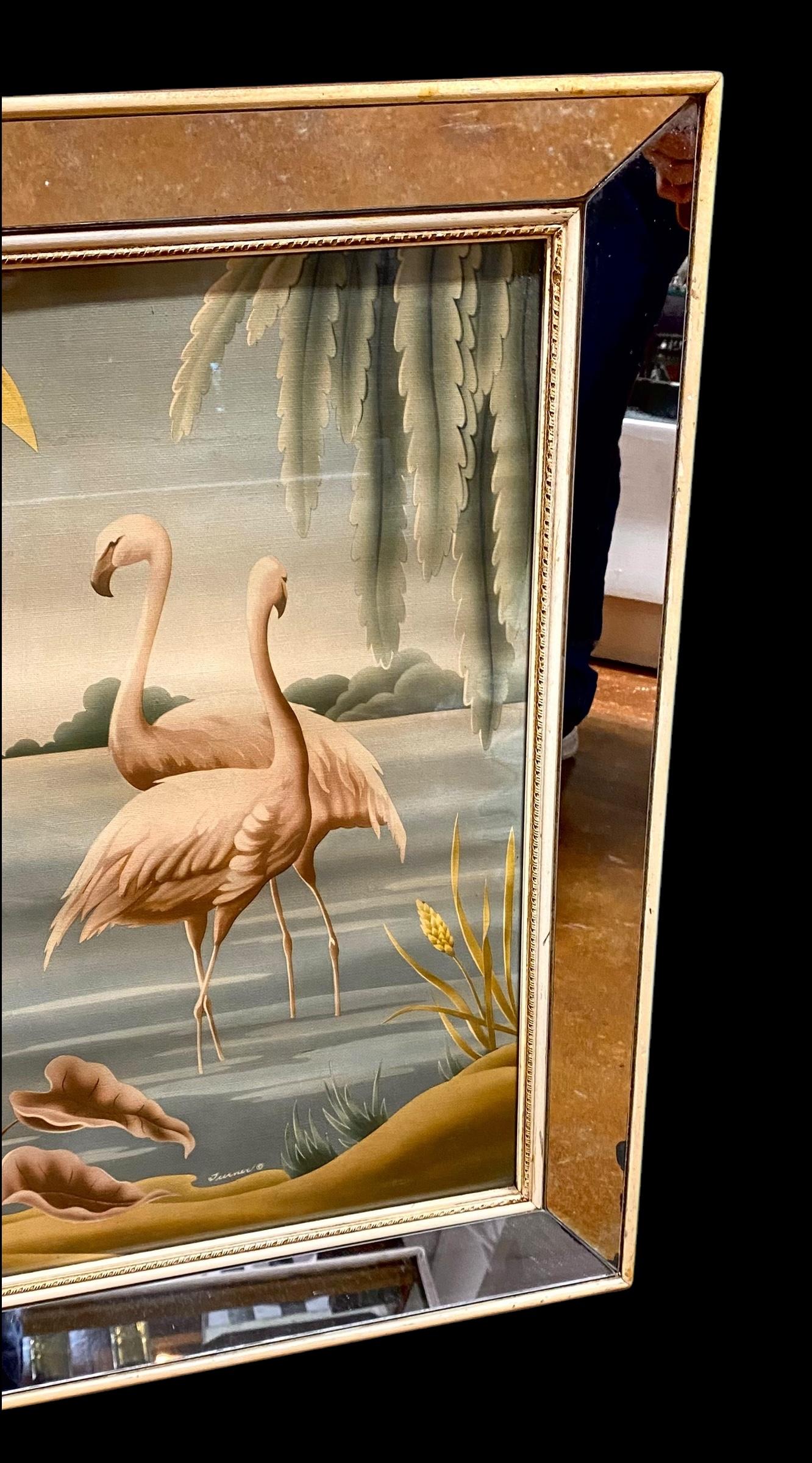 Glass Mid Century Flamingo Lithograph Print by Turner in Mirrored Frame For Sale