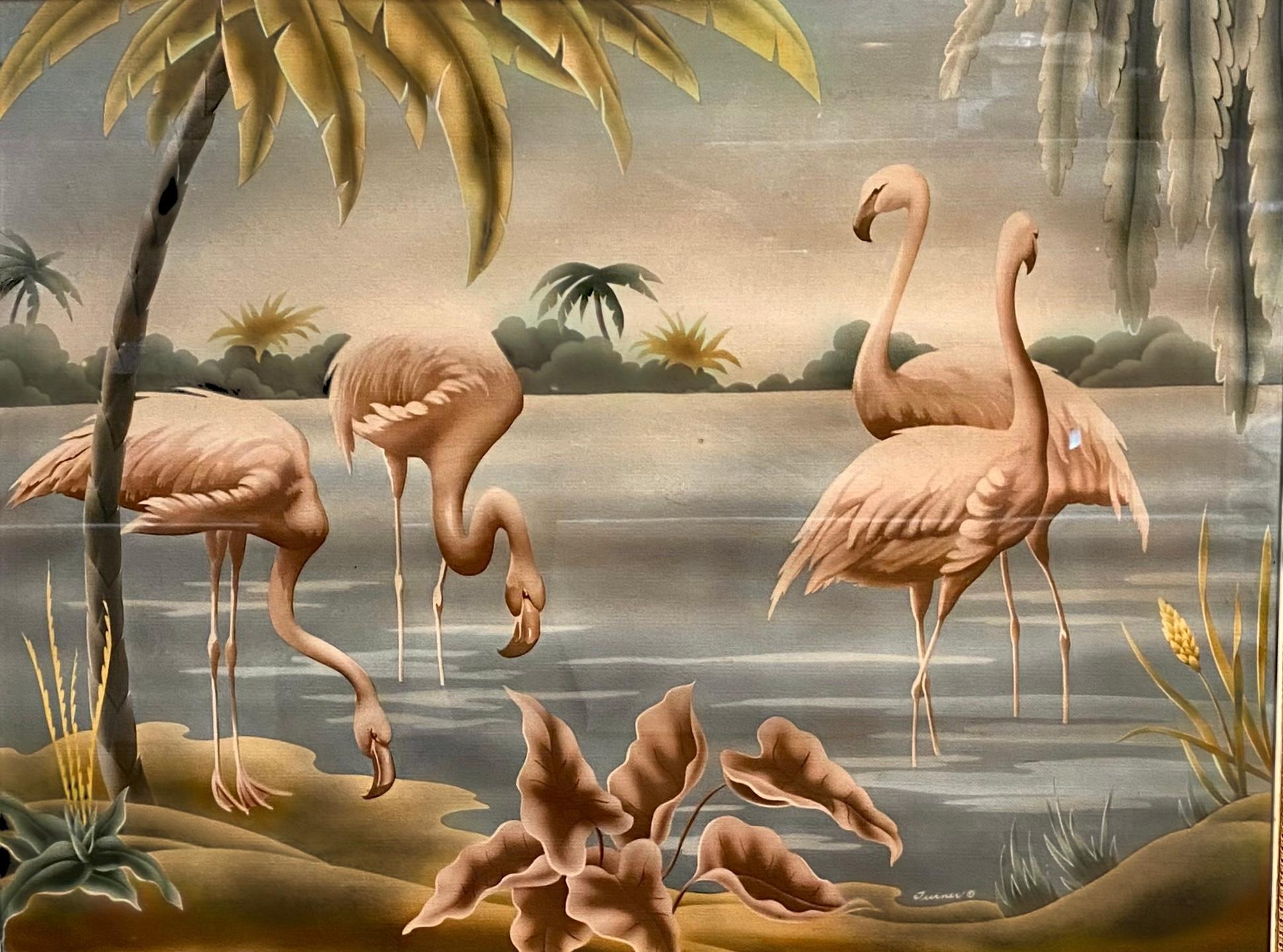 Mid Century Flamingo Lithograph Print by Turner in Mirrored Frame For Sale 1