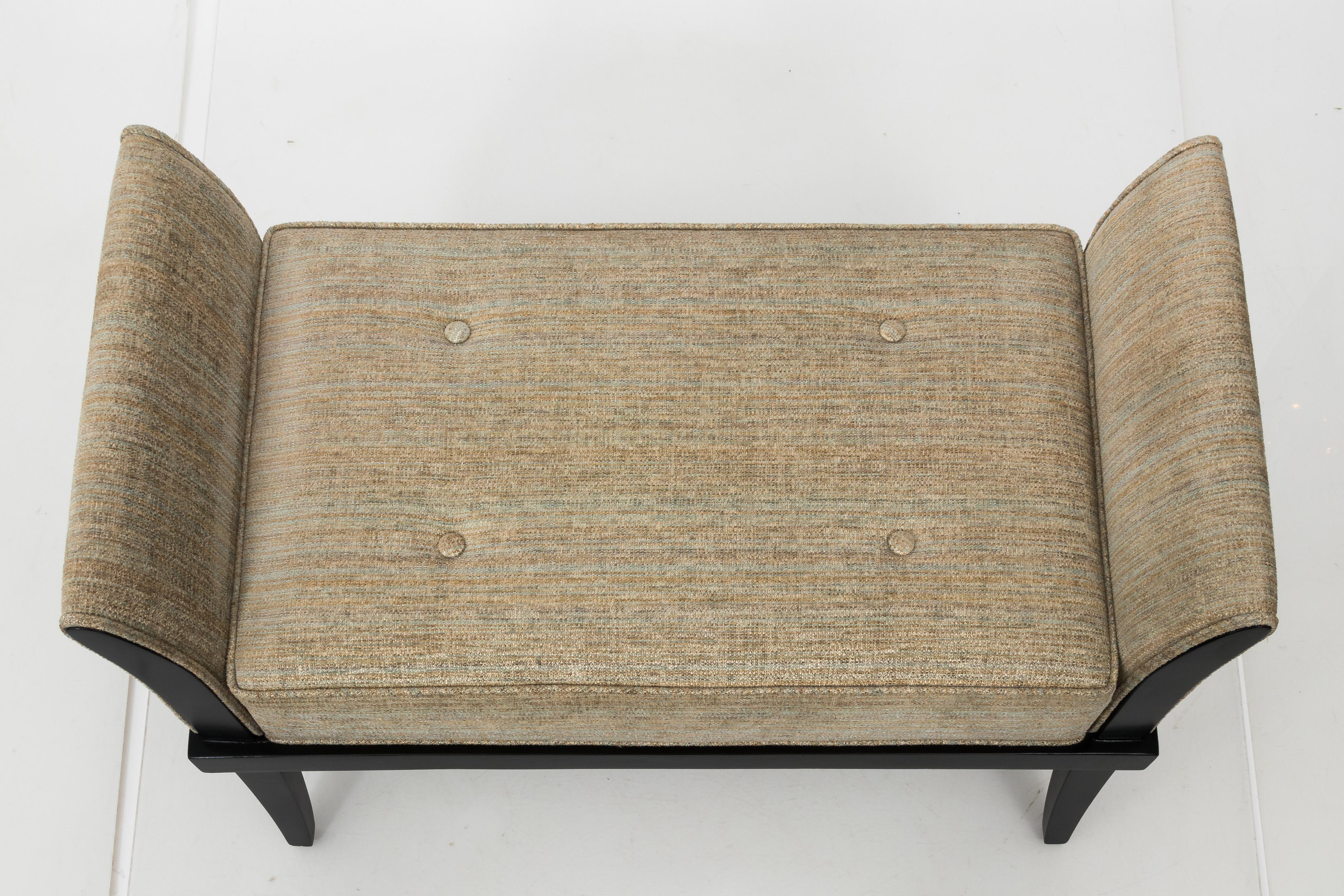 Single Mid Century flared armed bench. To be covered COM/ COL. Refinished in a deep espresso stain. Price includes upholstering with welting and buttons if desired. Frame at seat is 11.5