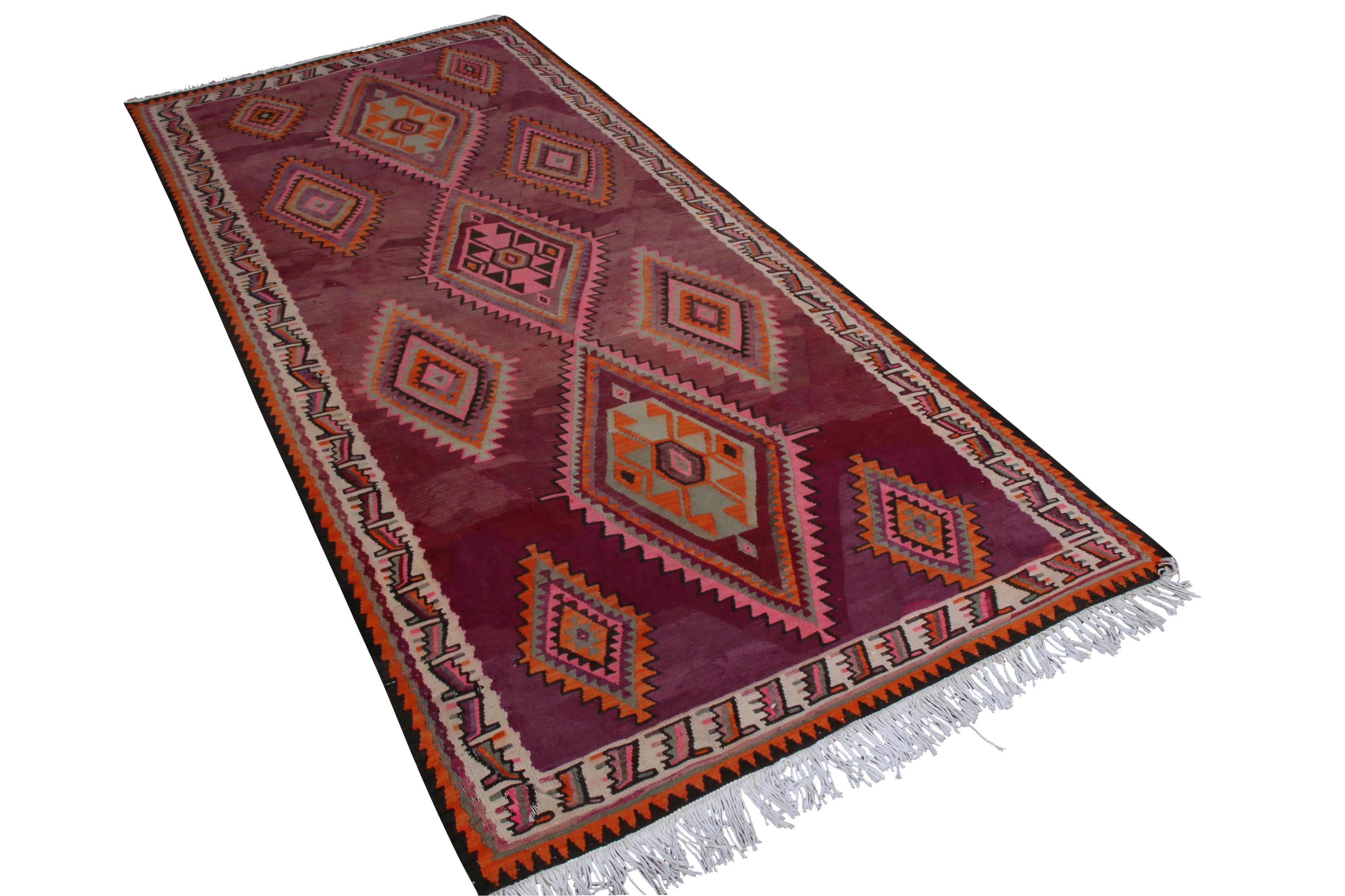 Hand-Knotted Midcentury Flat-Weave, Geometric Beige, Pink, and Orange Persian Kilim Rug For Sale