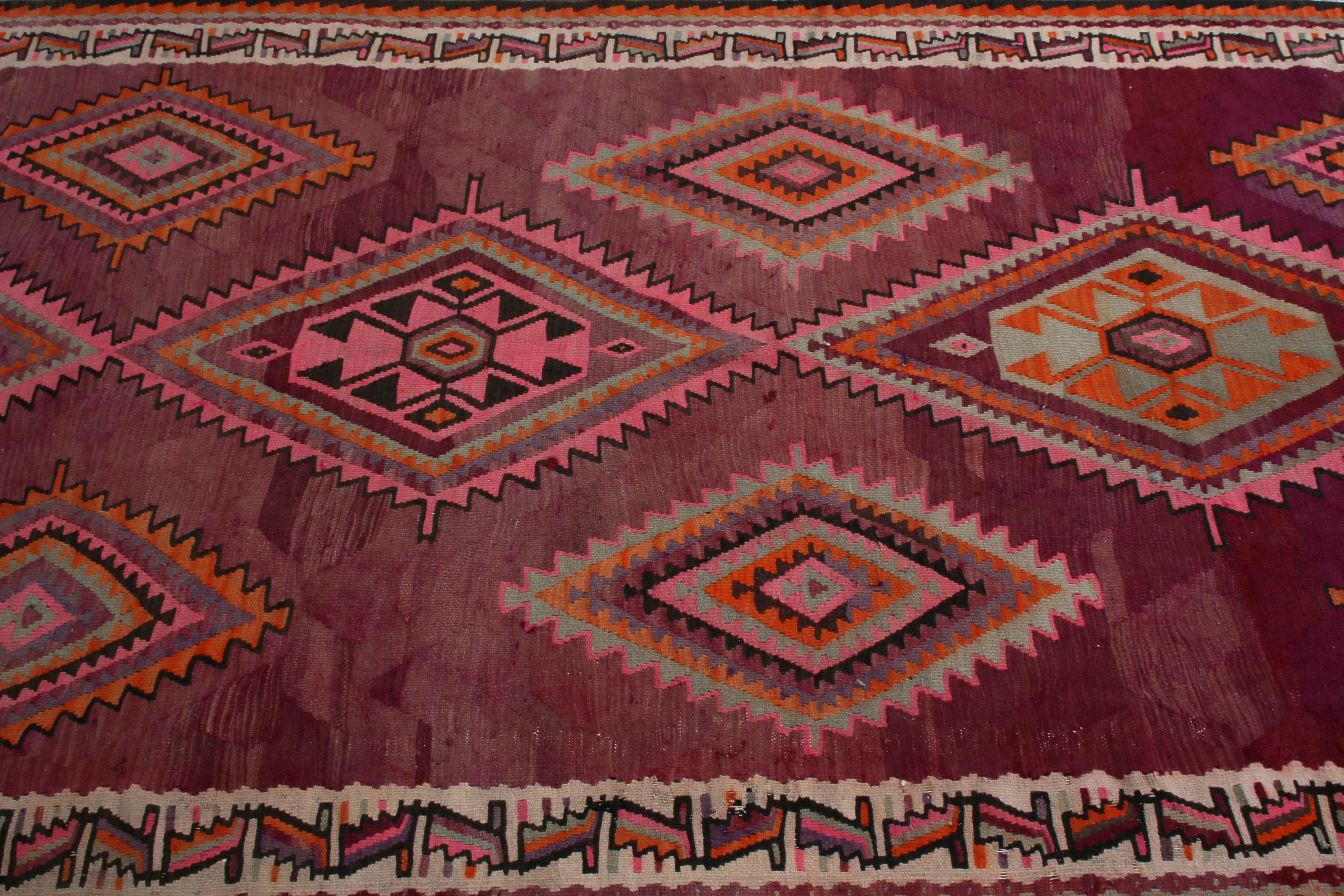 Wool Midcentury Flat-Weave, Geometric Beige, Pink, and Orange Persian Kilim Rug For Sale