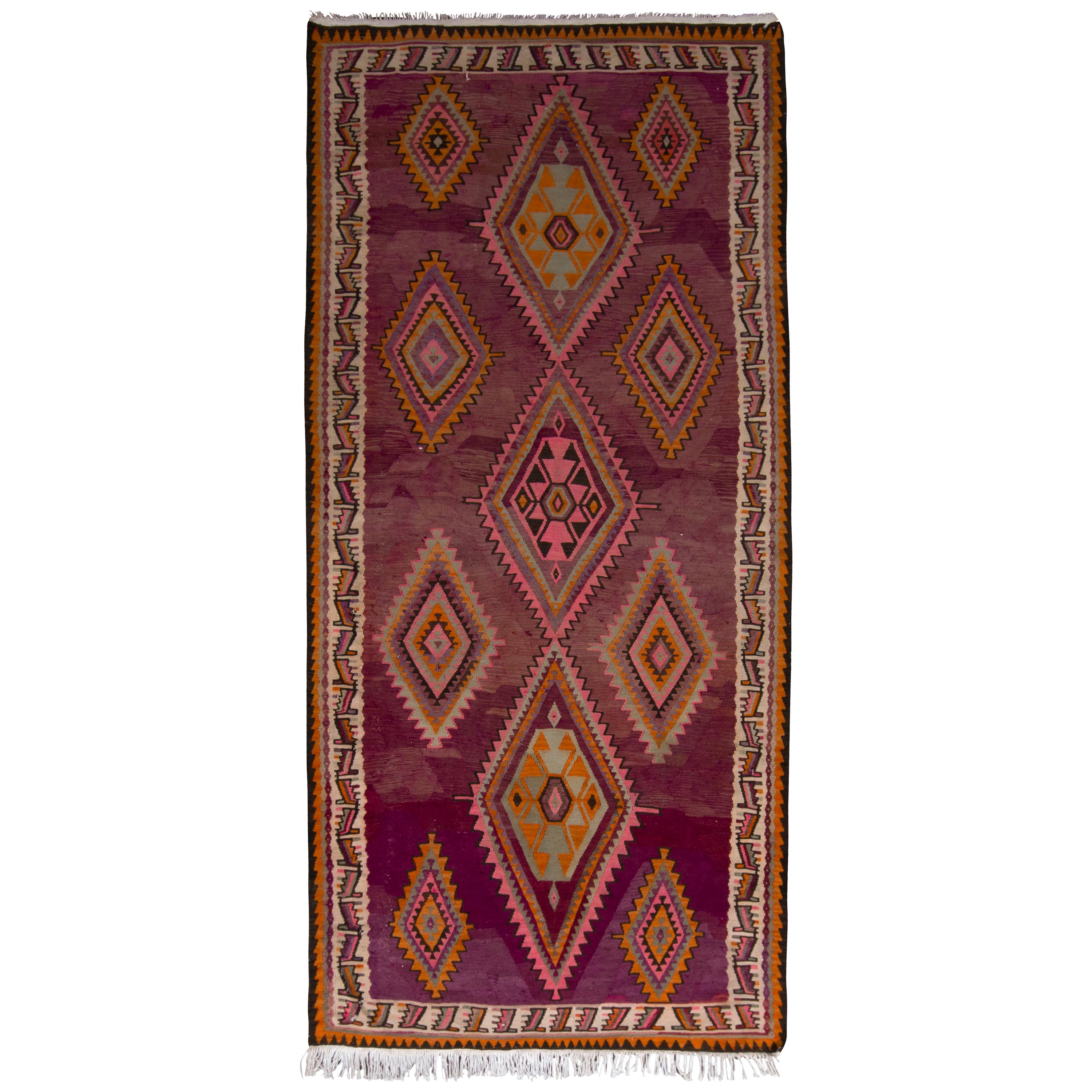 Midcentury Flat-Weave, Geometric Beige, Pink, and Orange Persian Kilim Rug For Sale