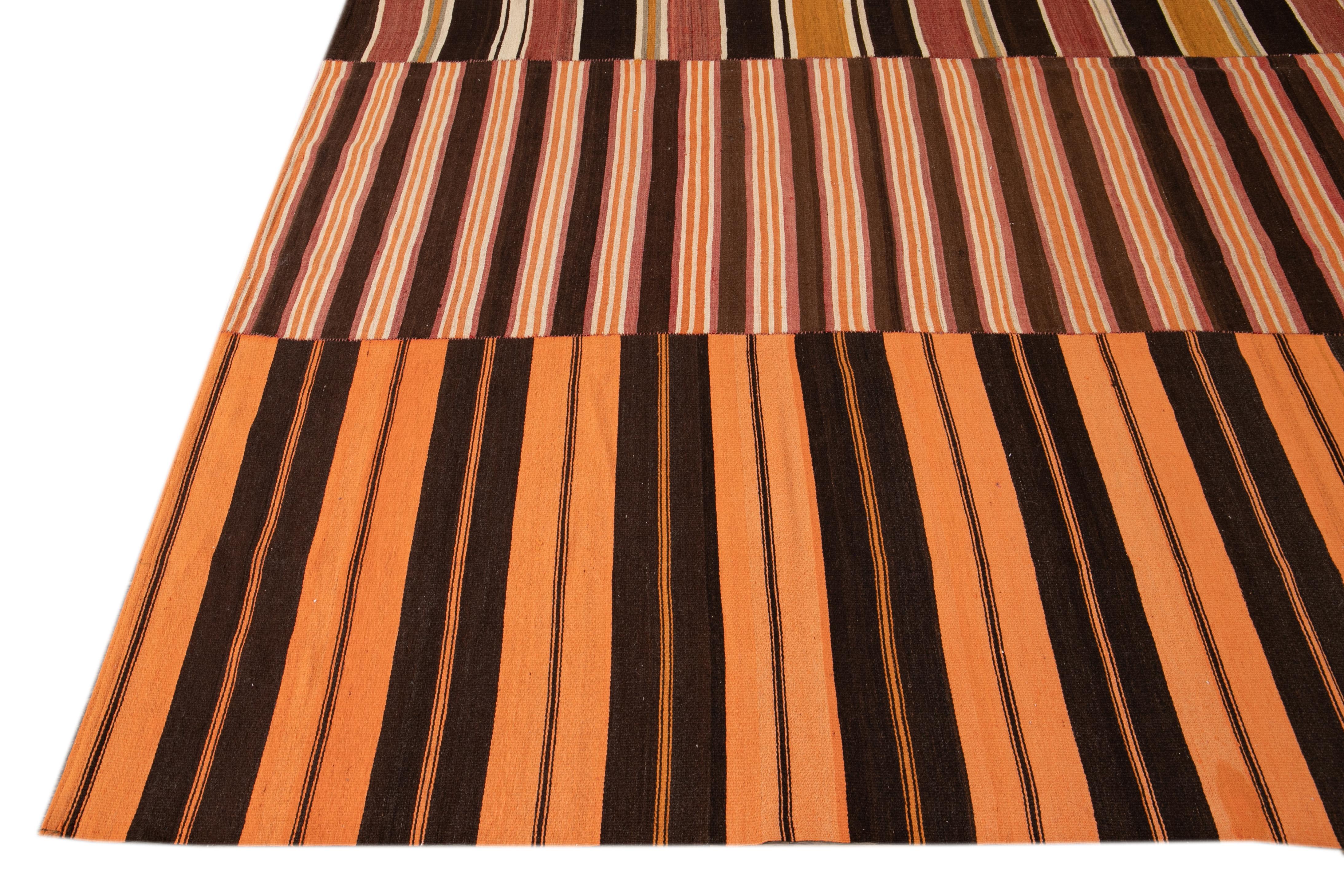 Turkish Midcentury Flat-Weave Handmade Orange Wool Rug For Sale