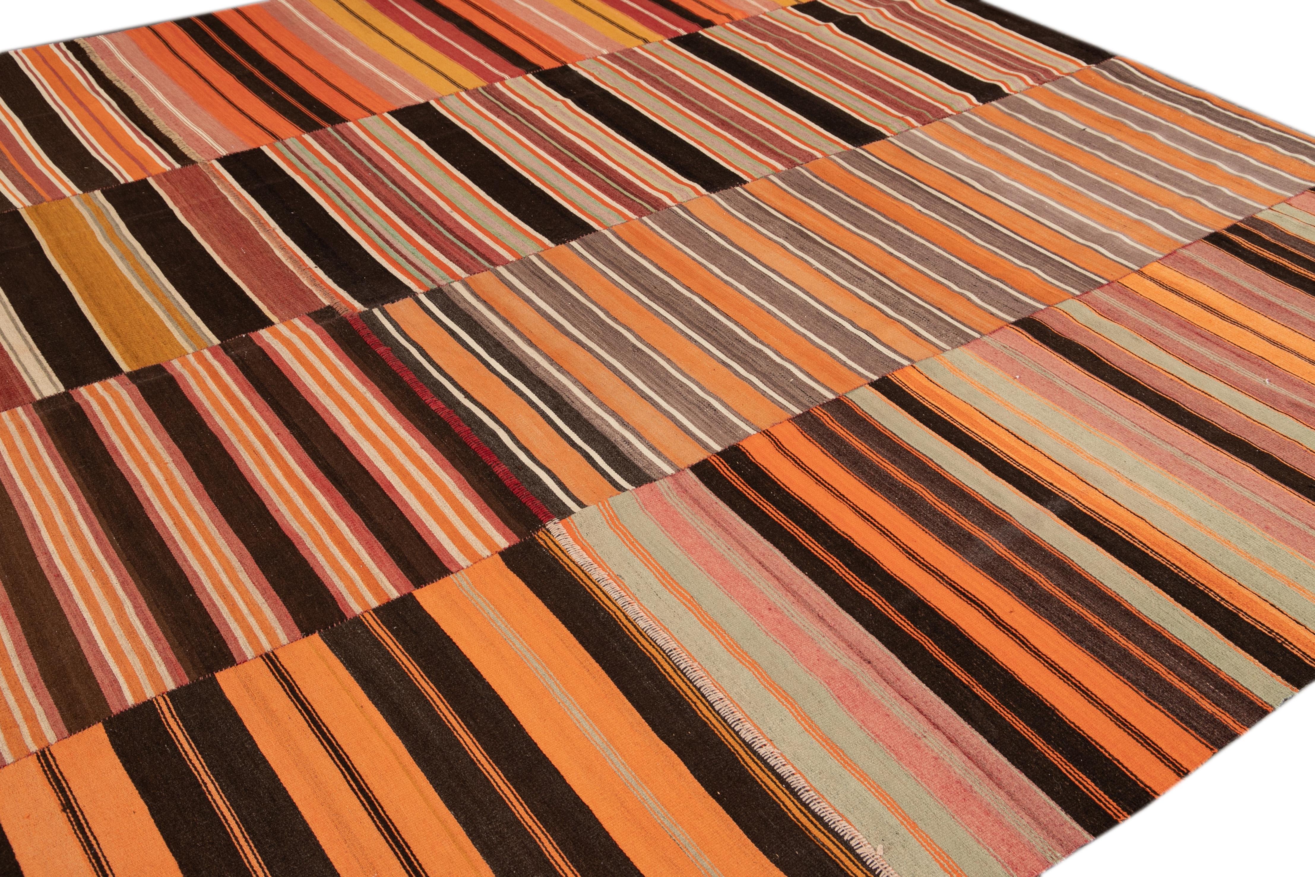 Midcentury Flat-Weave Handmade Orange Wool Rug In Good Condition For Sale In Norwalk, CT