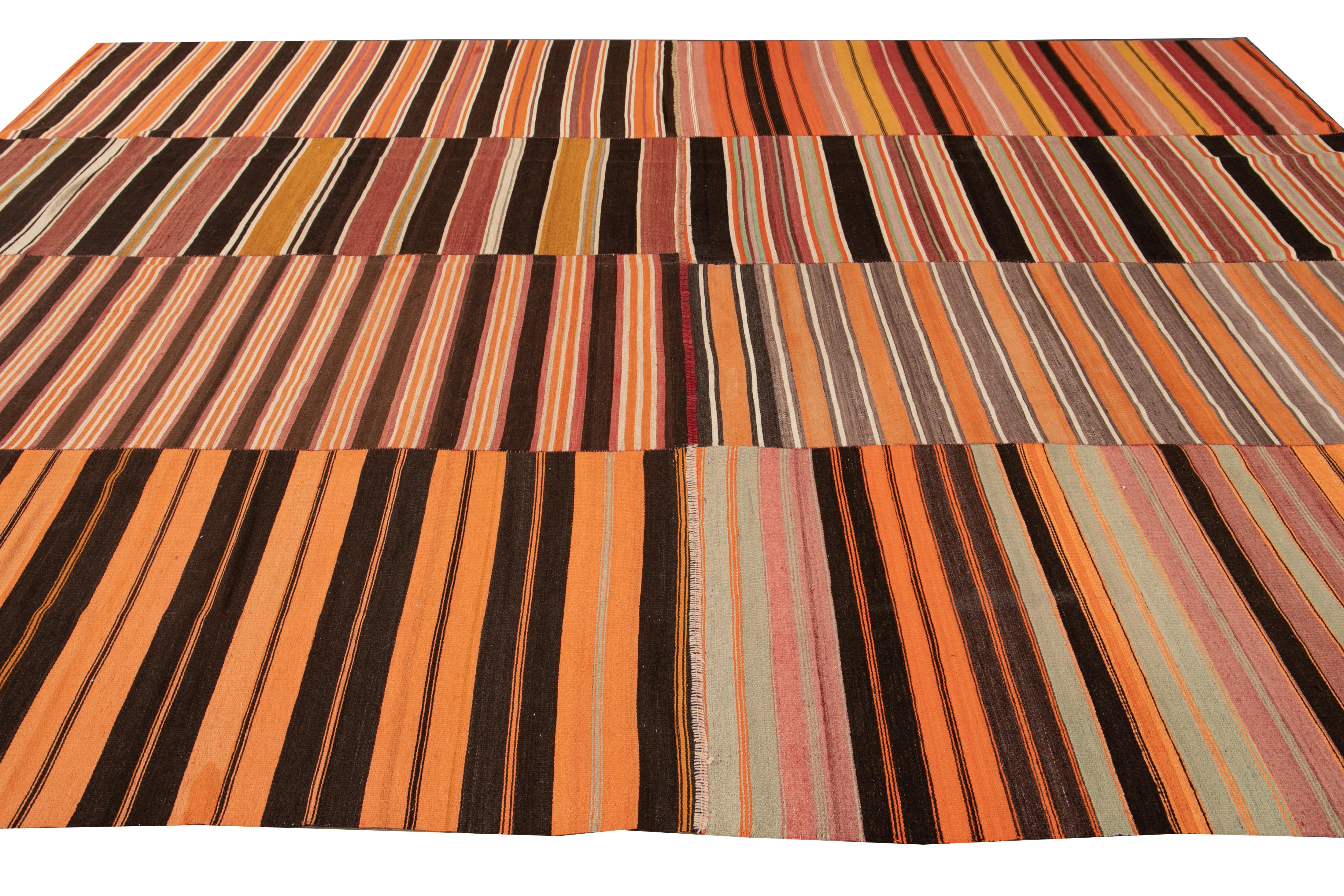 Contemporary Midcentury Flat-Weave Handmade Orange Wool Rug For Sale