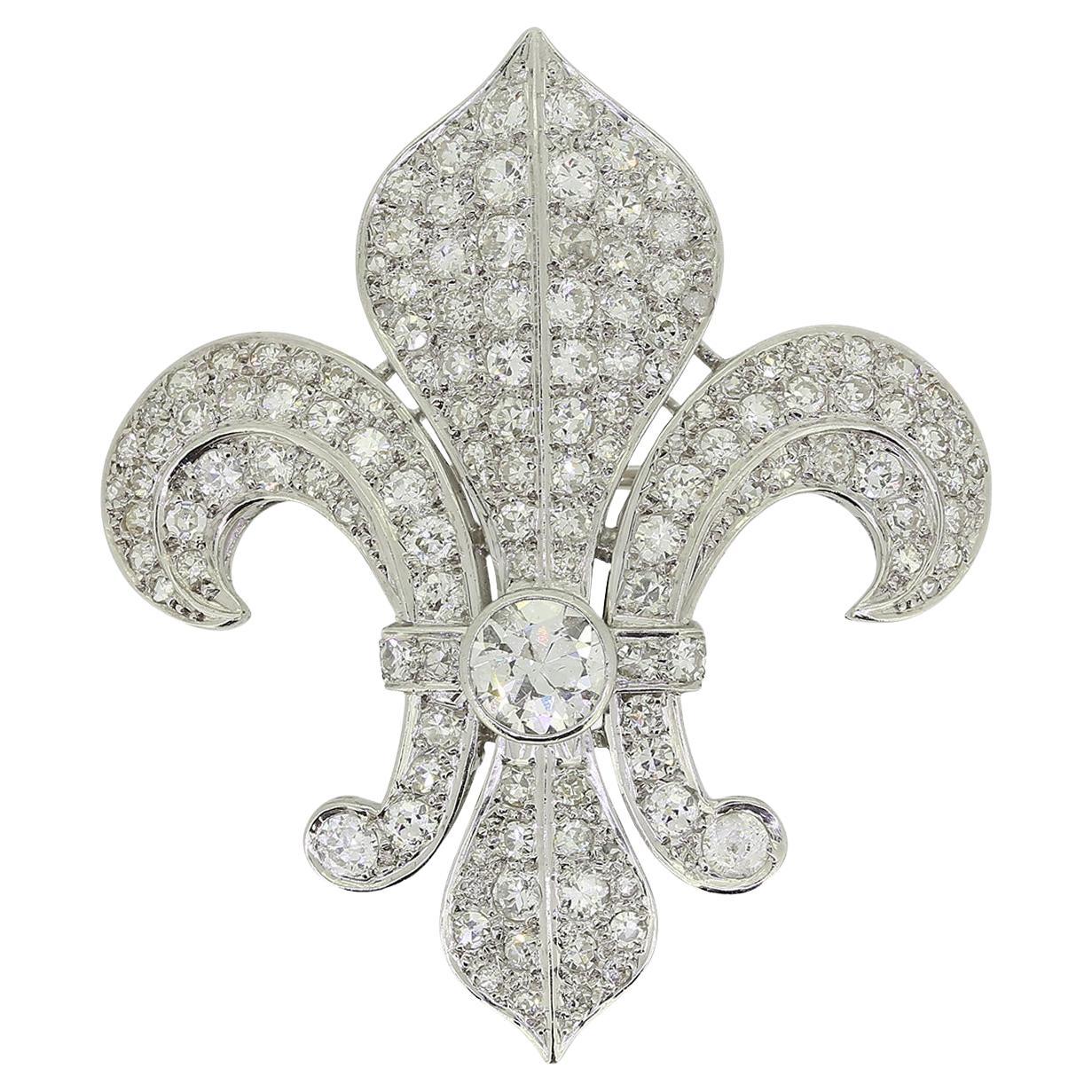 Mid-Century Fleur-De-Lis Diamond Brooch Pendant