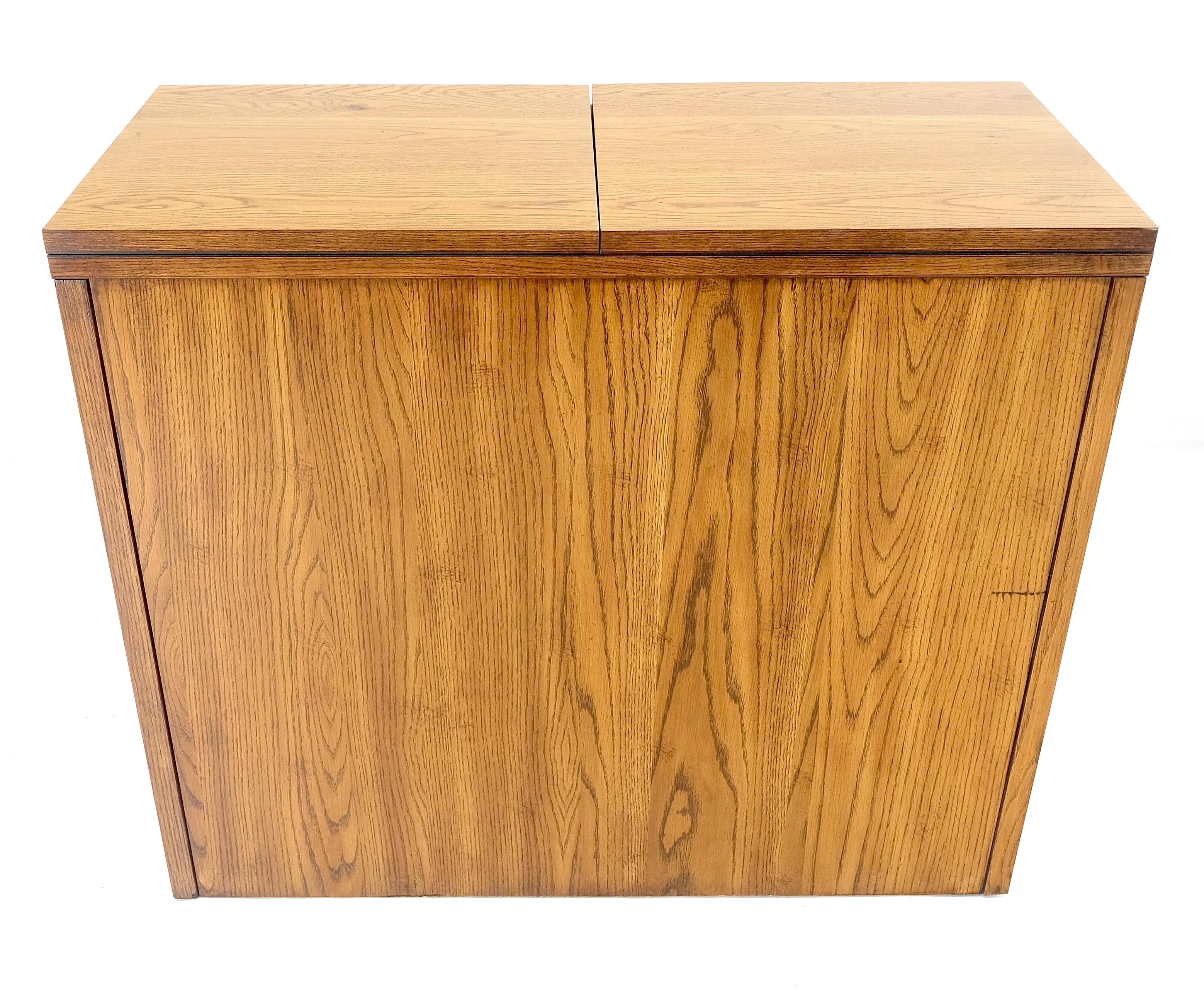 Mid Century Flip Top Oak Liquor Cabinet Server Small Sideboard on Wheels MINT For Sale 4