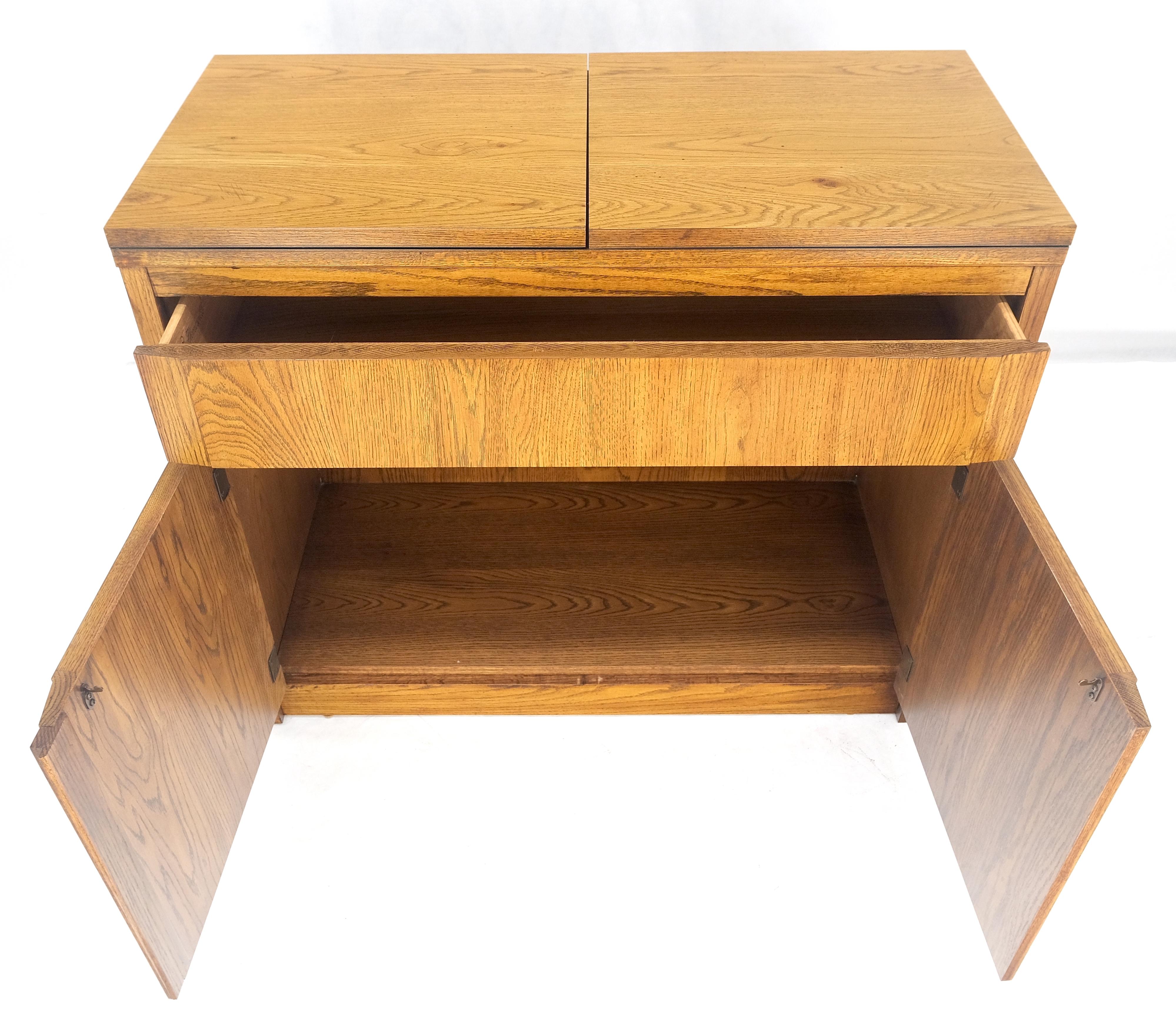 Lacquered Mid Century Flip Top Oak Liquor Cabinet Server Small Sideboard on Wheels MINT For Sale