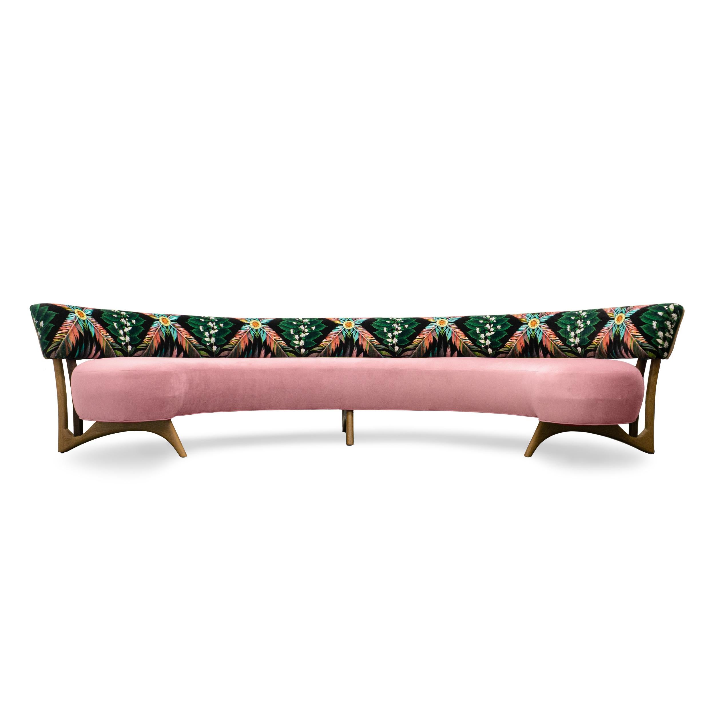 Modern Midcentury Floating Curved Sofa/w Printed Velvet and Burlap Welting For Sale