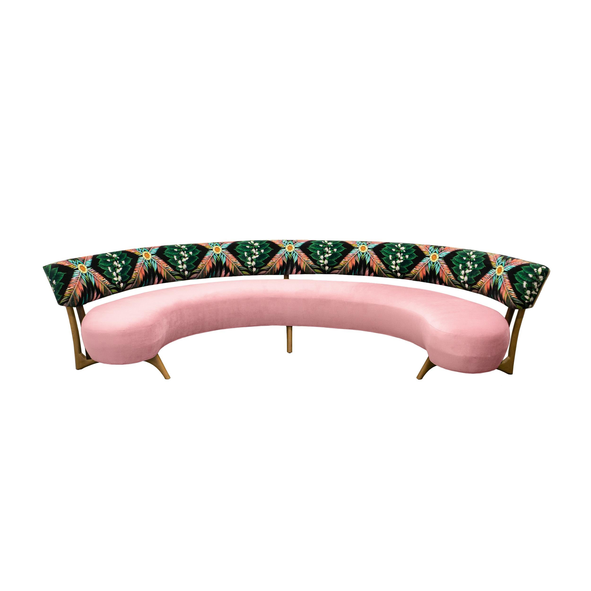 American Midcentury Floating Curved Sofa/w Printed Velvet and Burlap Welting For Sale