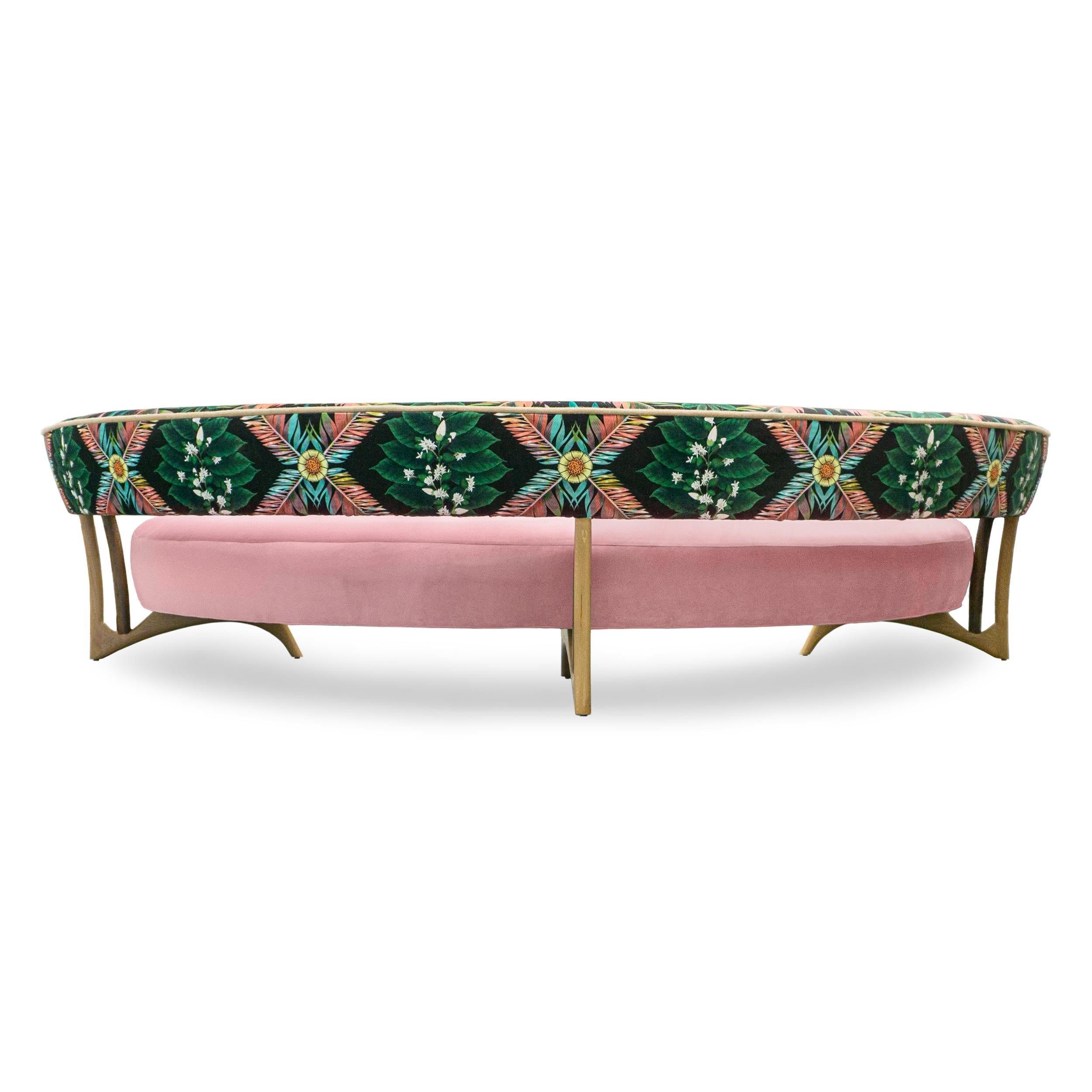 Contemporary Midcentury Floating Curved Sofa/w Printed Velvet and Burlap Welting For Sale
