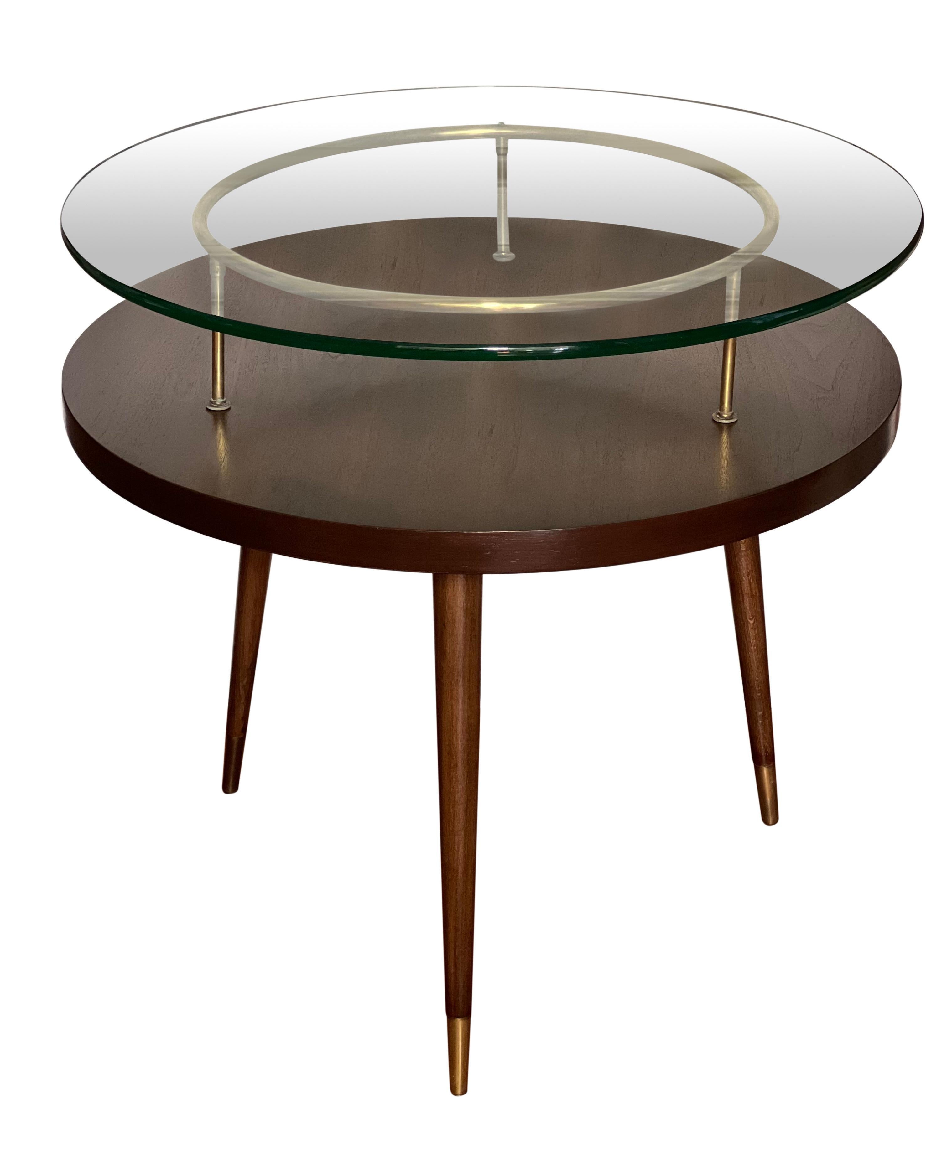American Mid-Century Floating Glass Walnut Side Table by James-Philip Co., Refinished