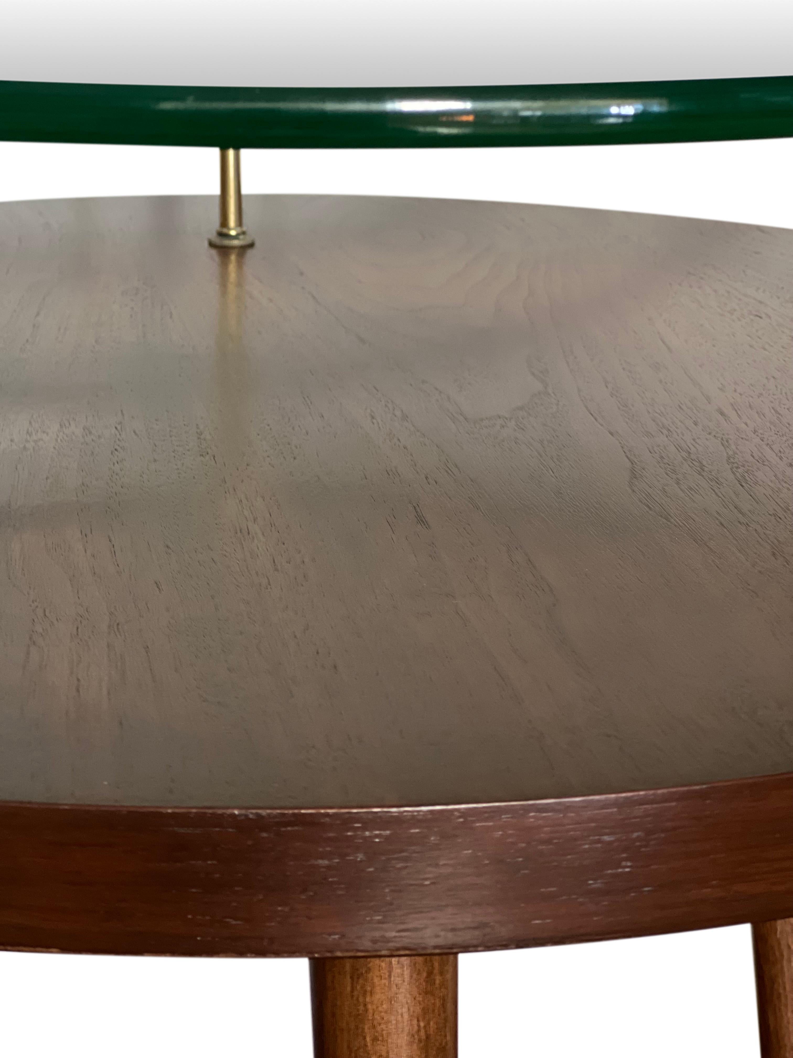 Mid-Century Floating Glass Walnut Side Table by James-Philip Co., Refinished In Good Condition In Doylestown, PA