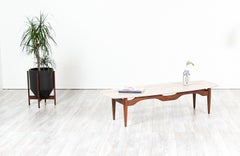 Midcentury Floating-Top Surfboard Coffee Table with Travertine Top