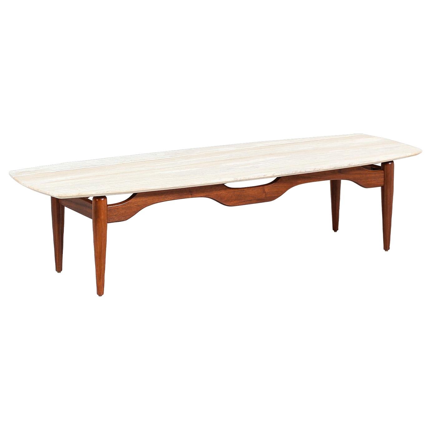 Midcentury Floating-Top Surfboard Coffee Table with Travertine Top