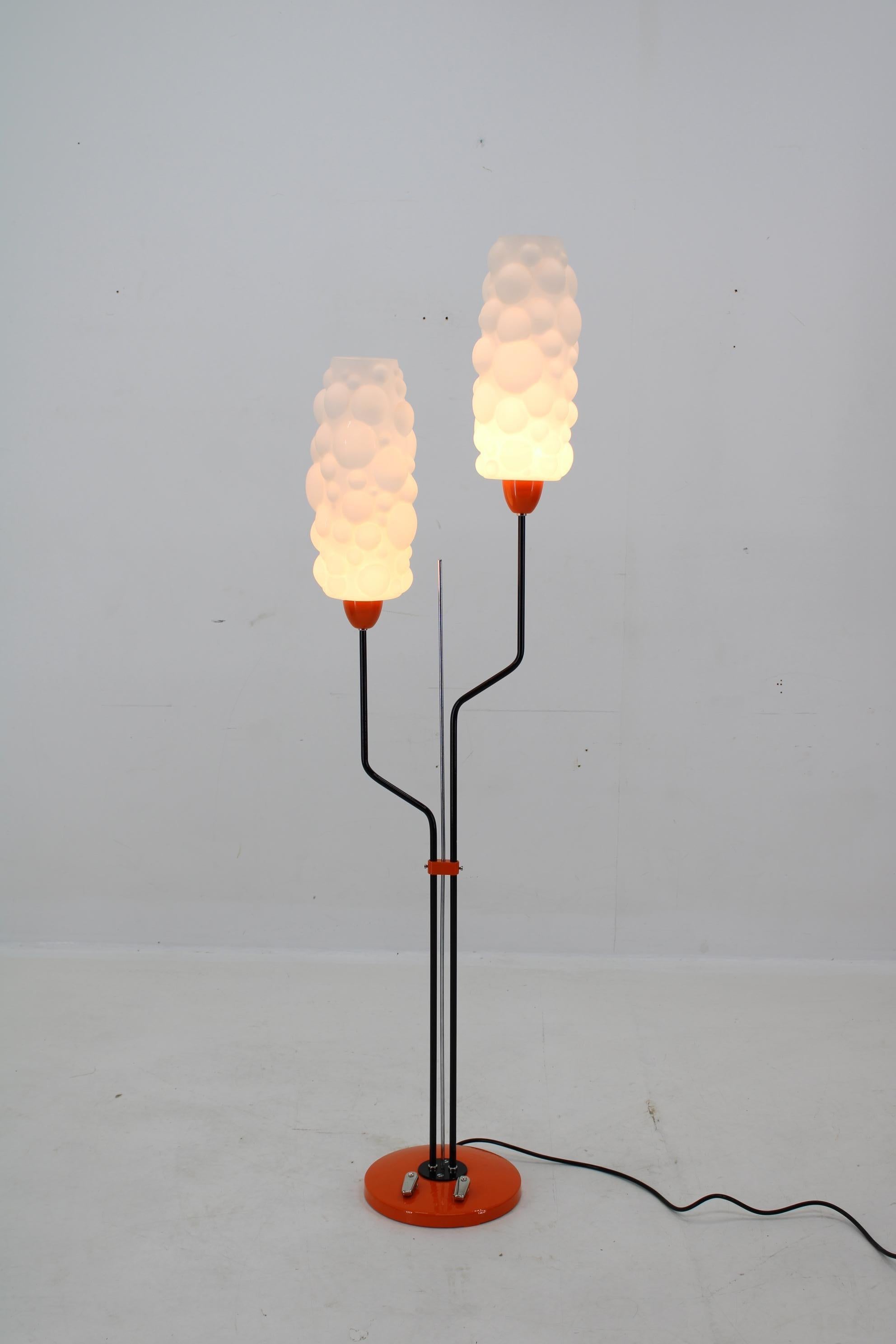 Mid-Century floor lamp made by Lidokov in Czechoslovakia in 1960s. 
Each bulb has its own switch.
Opaline glass shades with organic bubble shape.
Restored: new orange and black paint.
Rewired: 2x40W, E25-E27 bulbs
US plug adapter included