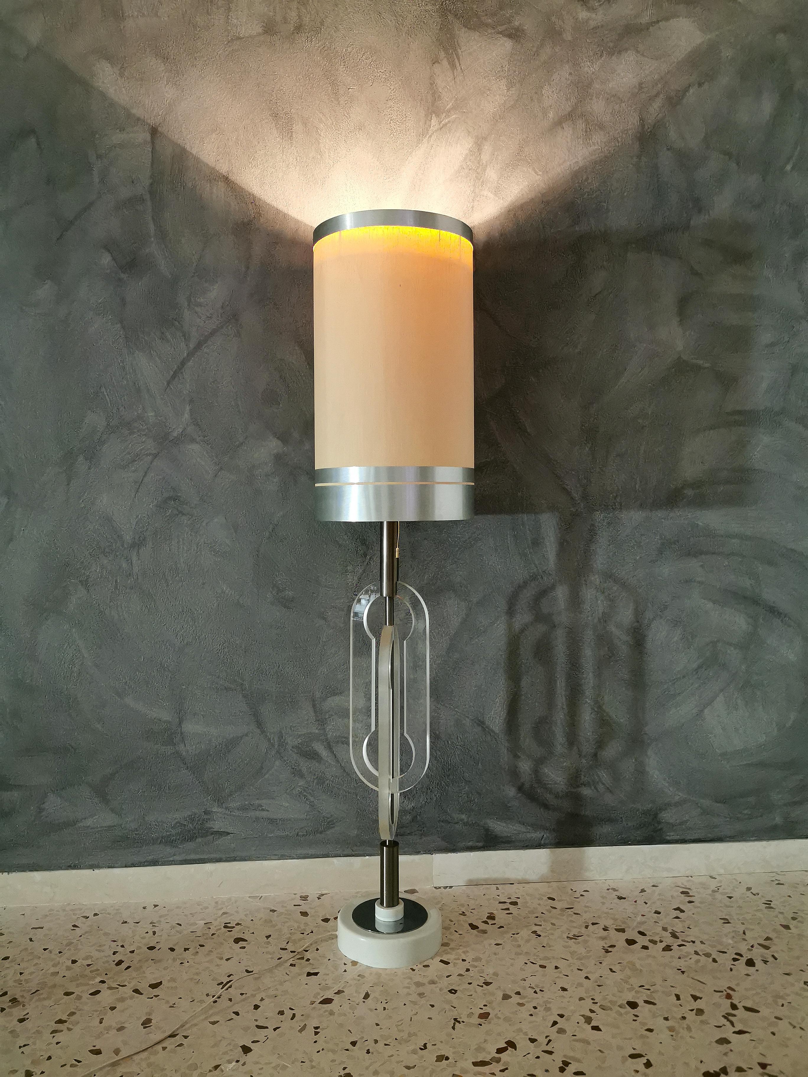 Mid-Century Modern Mid Century Floor Lamp Chromed Metal Plexiglass Fabric Italian Design 1970s