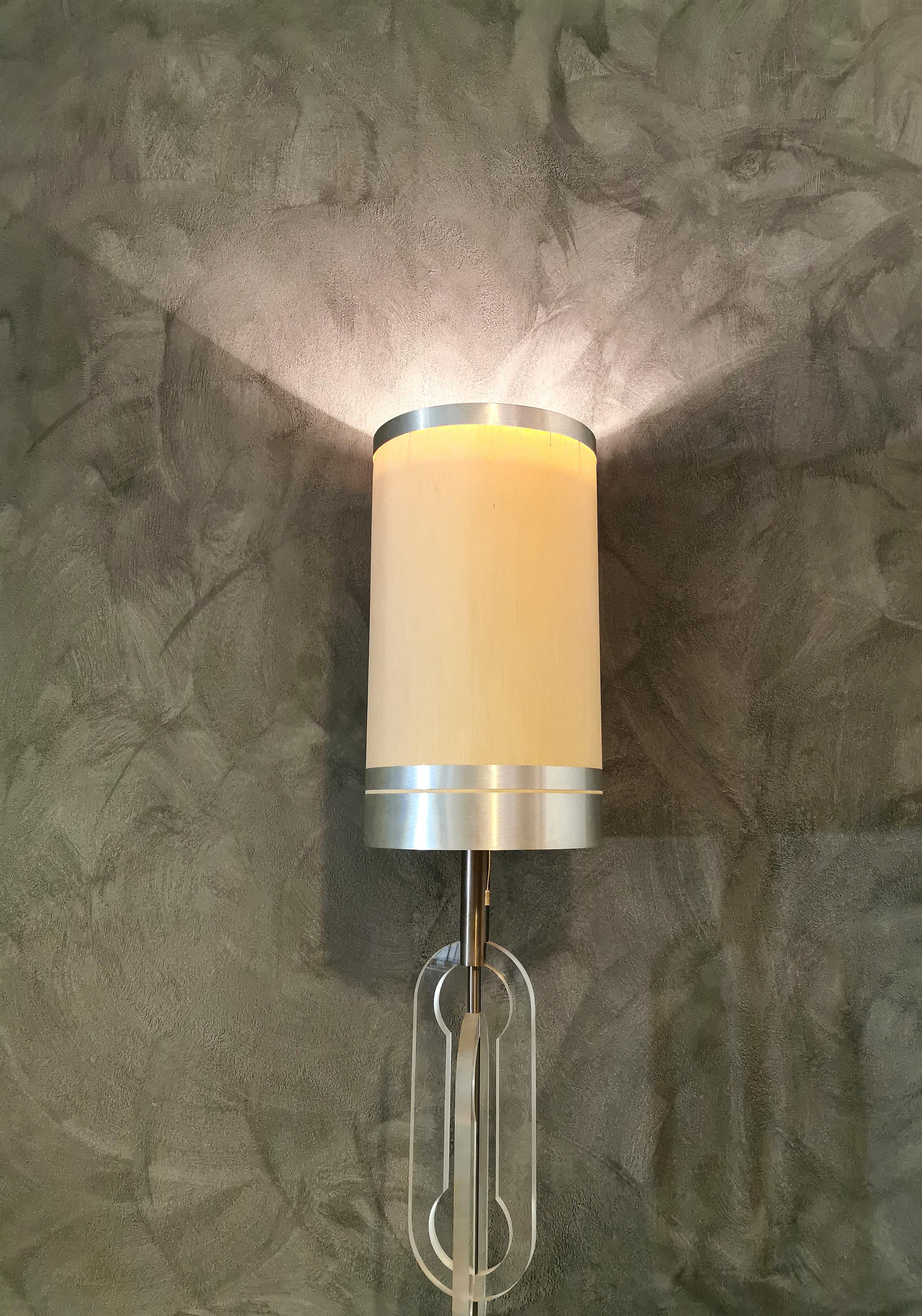 Mid Century Floor Lamp Chromed Metal Plexiglass Fabric Italian Design 1970s In Good Condition In Palermo, IT