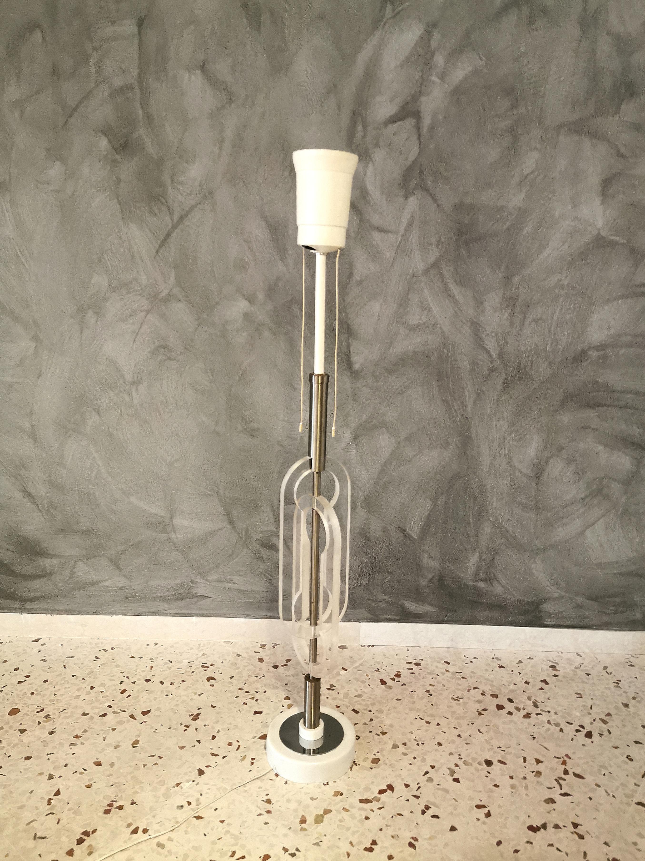 Mid Century Floor Lamp Chromed Metal Plexiglass Fabric Italian Design 1970s 1