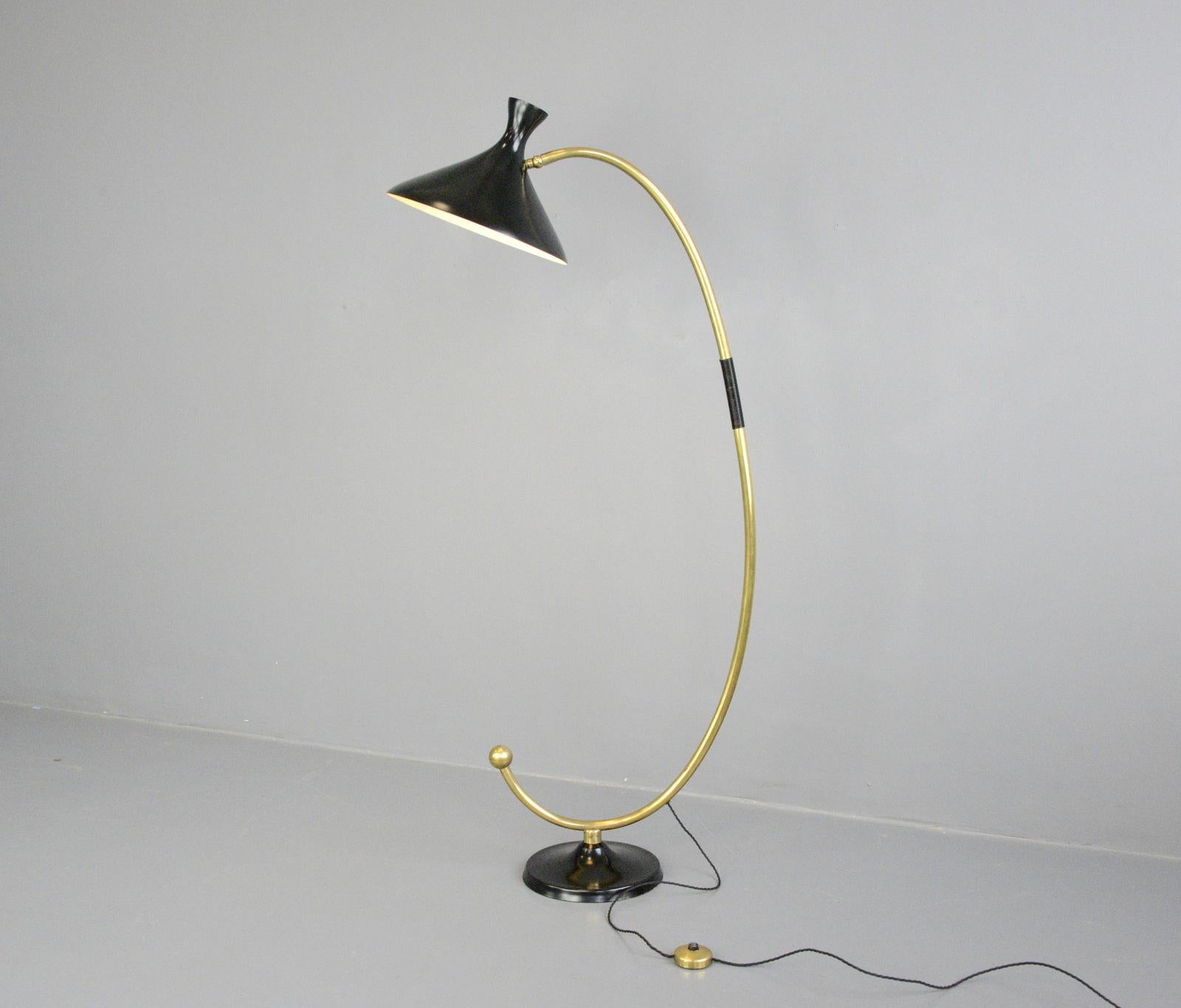 Midcentury floor lamp, circa 1950s

- Arched brass arm
- Original foot switch
- Adjustable steel shade
- Takes E27 fitting bulbs
- Austrian, 1950s
- Measures: 160cm tall x 70cm deep x 38cm wide

Condition report:

Fully re-wired with