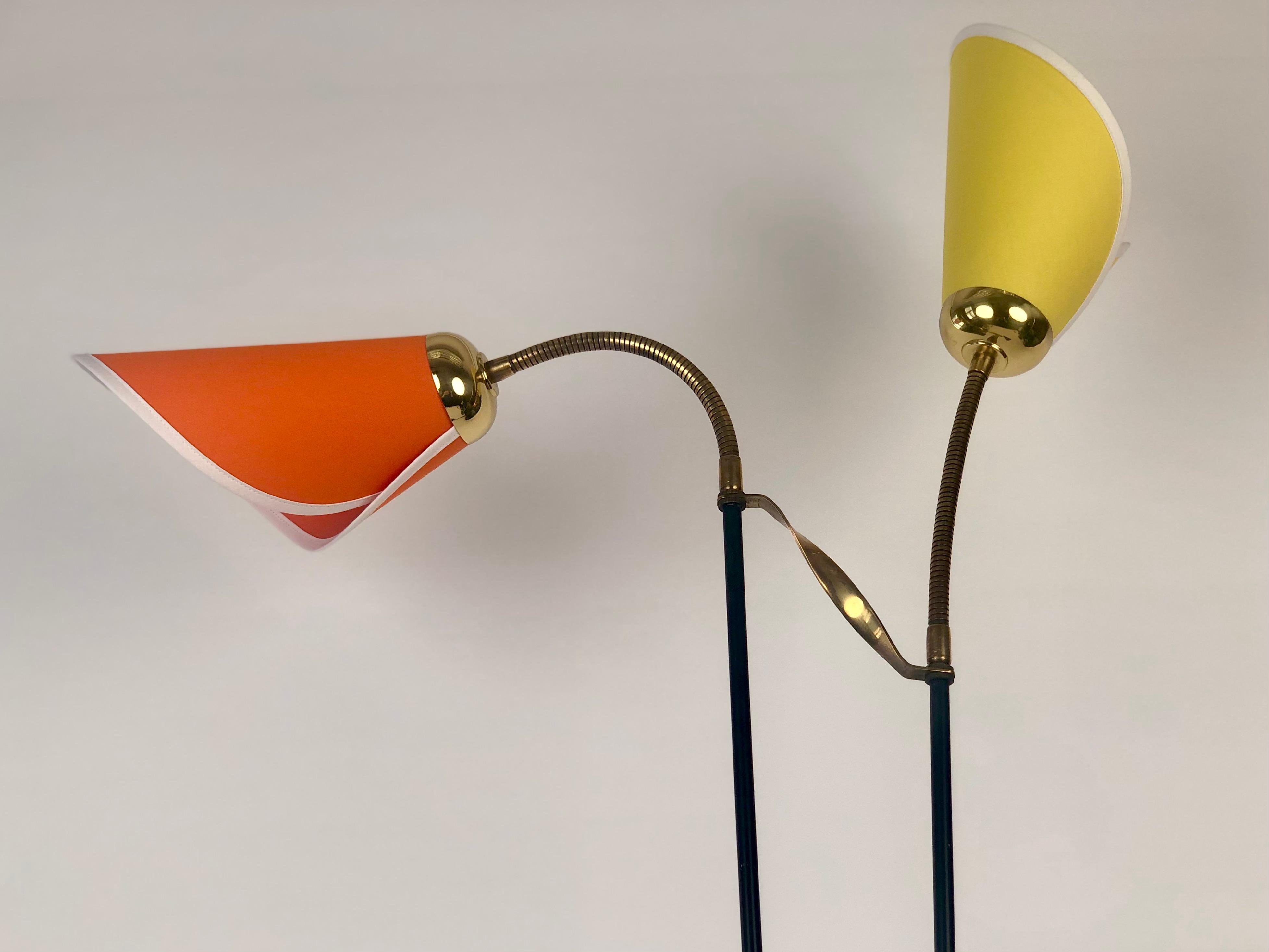 Modern Mid-century Floor Lamp from Italy with Two Shades mounted on flexible arms For Sale