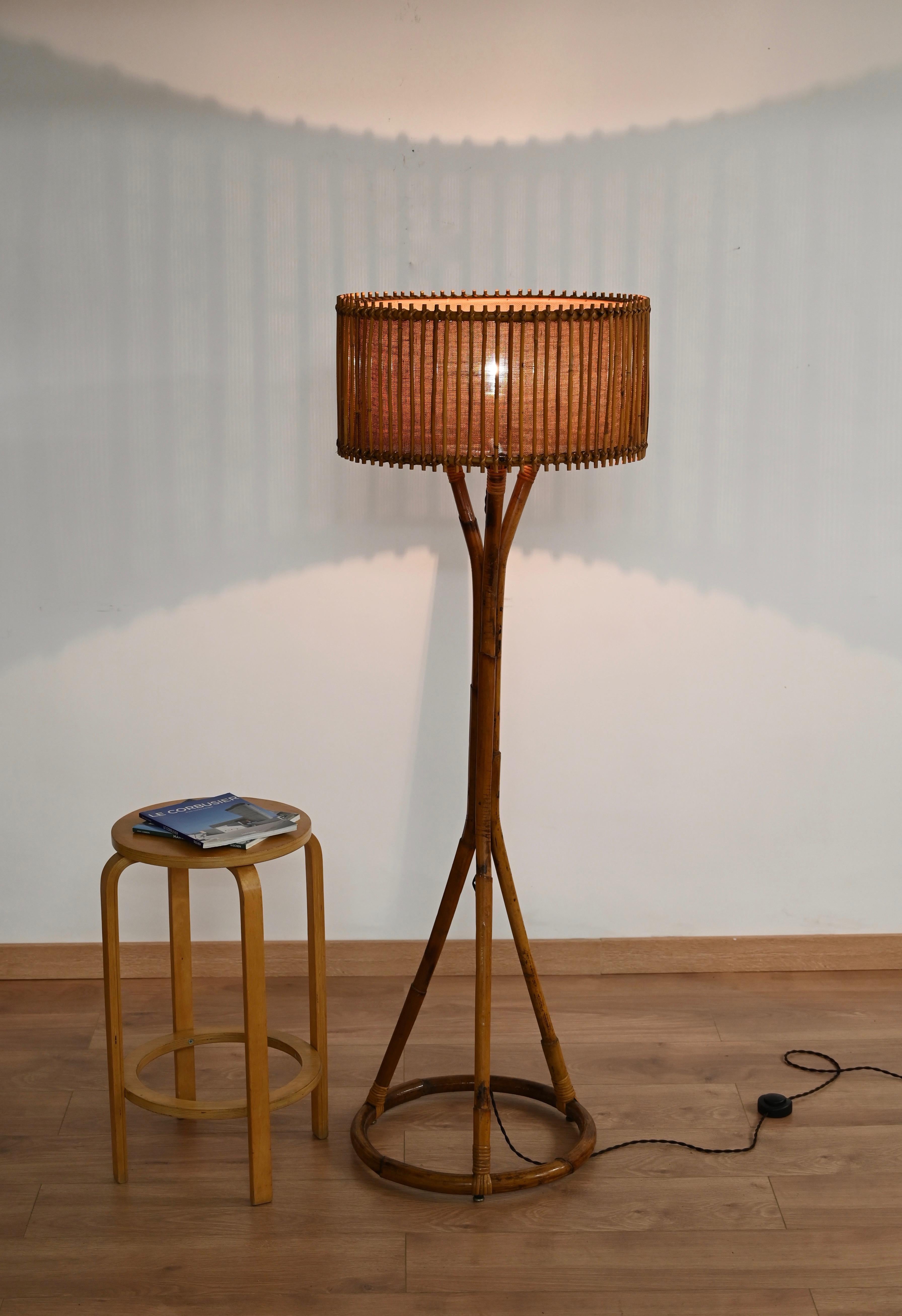 Fabric Mid-Century Floor Lamp in Bamboo and Woven Rattan by Franco Albini, Italy 1960s For Sale