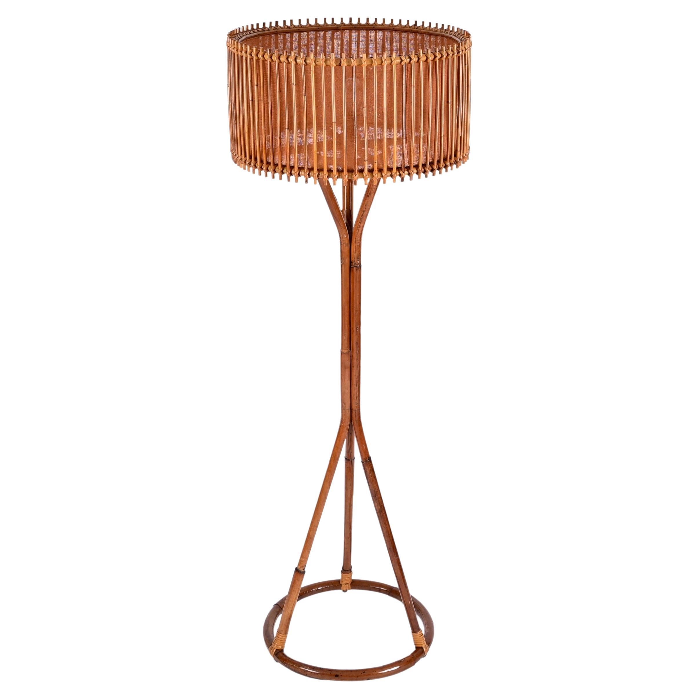 Mid-Century Floor Lamp in Bamboo and Woven Rattan, Franco Albini, Italy 1960s