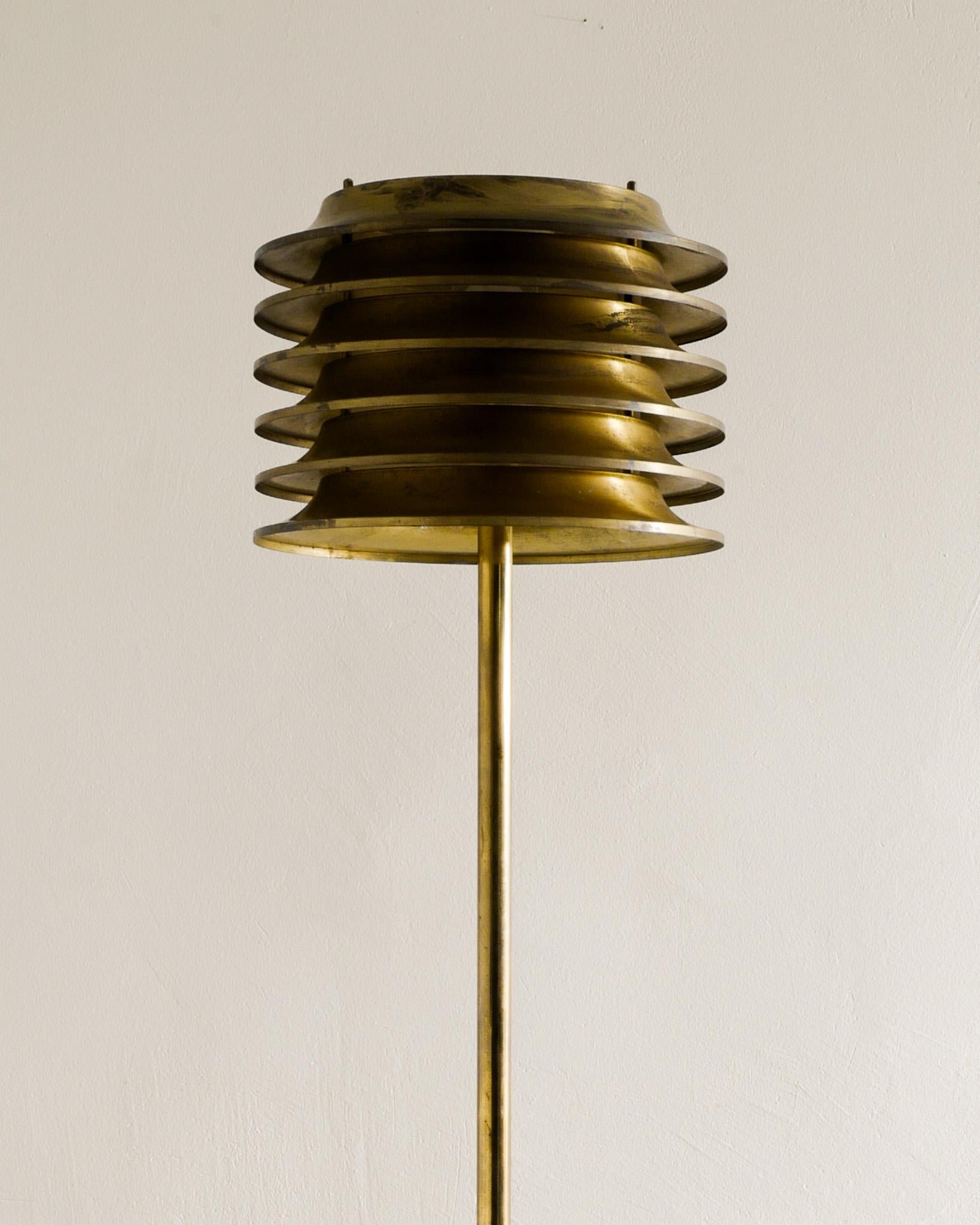 Scandinavian Modern  Mid Century Floor Lamp in Brass by Kai Ruokonen Produced by Orno Finland, 1970s