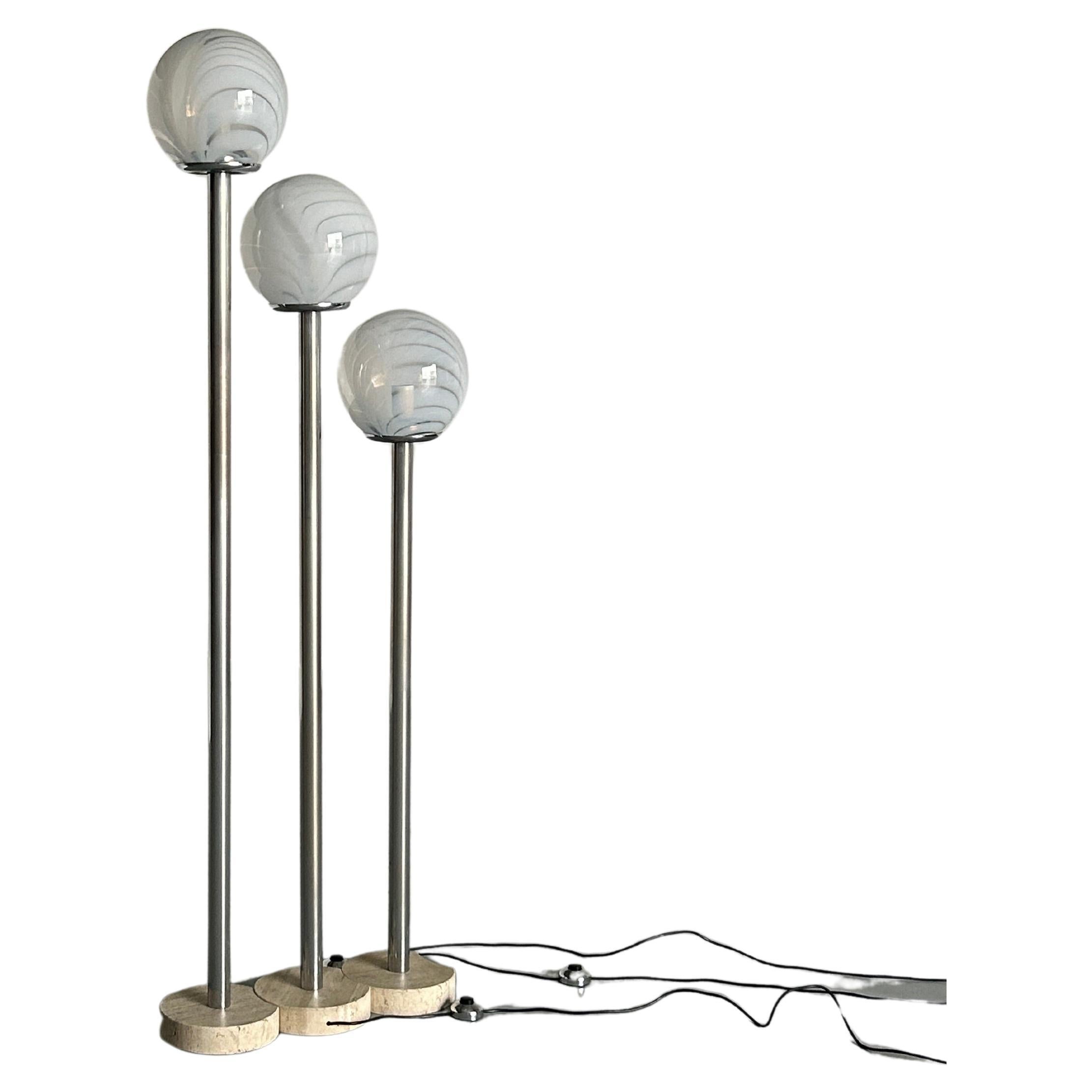 Mid Century Floor Lamp in Travertine, Chrome and Murano Glass by Venini, 1970s For Sale
