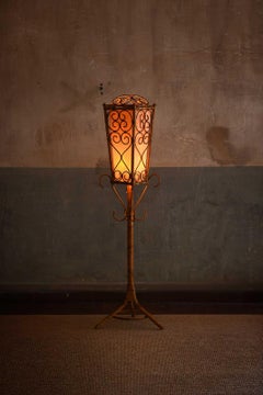 Mid Century floor lamp made of rush with geometric patterns and large lampshade