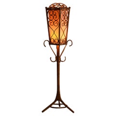 Vintage Mid Century floor lamp made of rush with geometric patterns and large lampshade