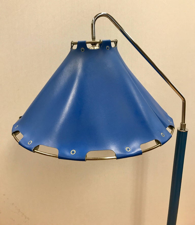 Midcentury Floor Lamp Royal Blue Leather Gerald Thurston Lightolier at