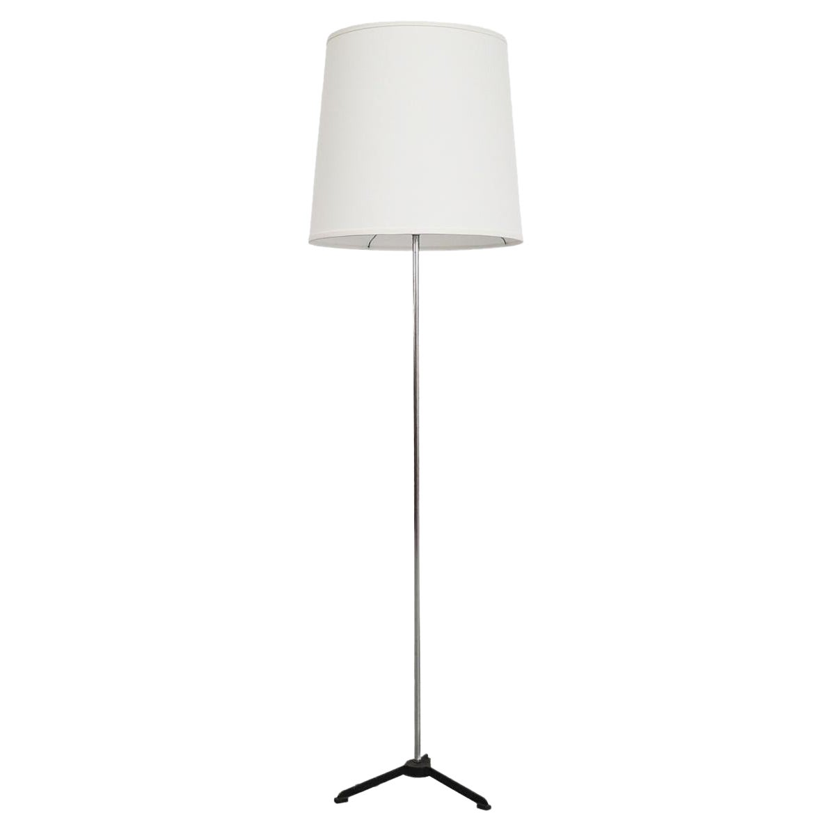 Mid-Century Floor Lamp w/ New White Tapered Drum Shade, Chrome Stem & Black Base