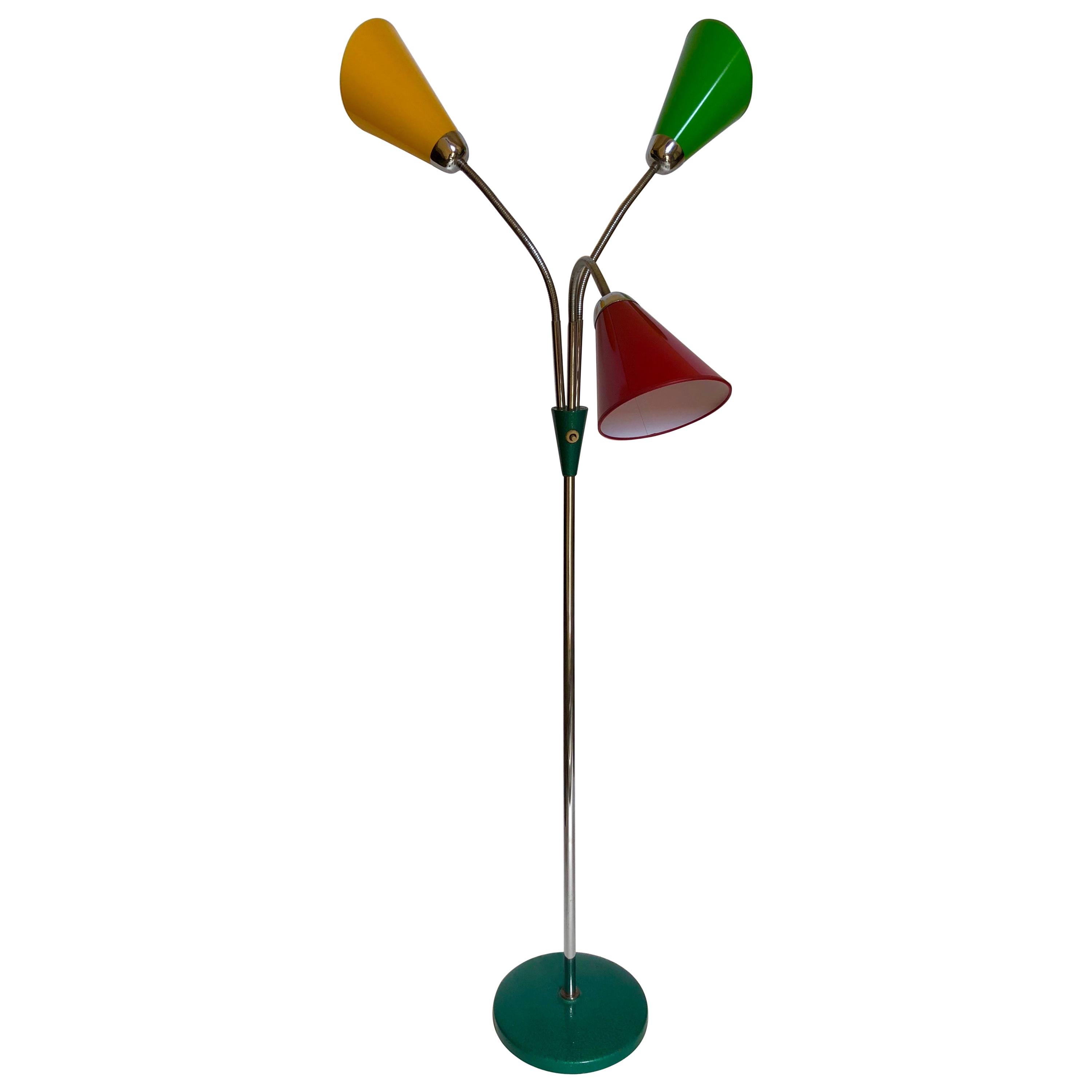 Midcentury Floor Lamp with 3 Shades in Yellow, Green and Red