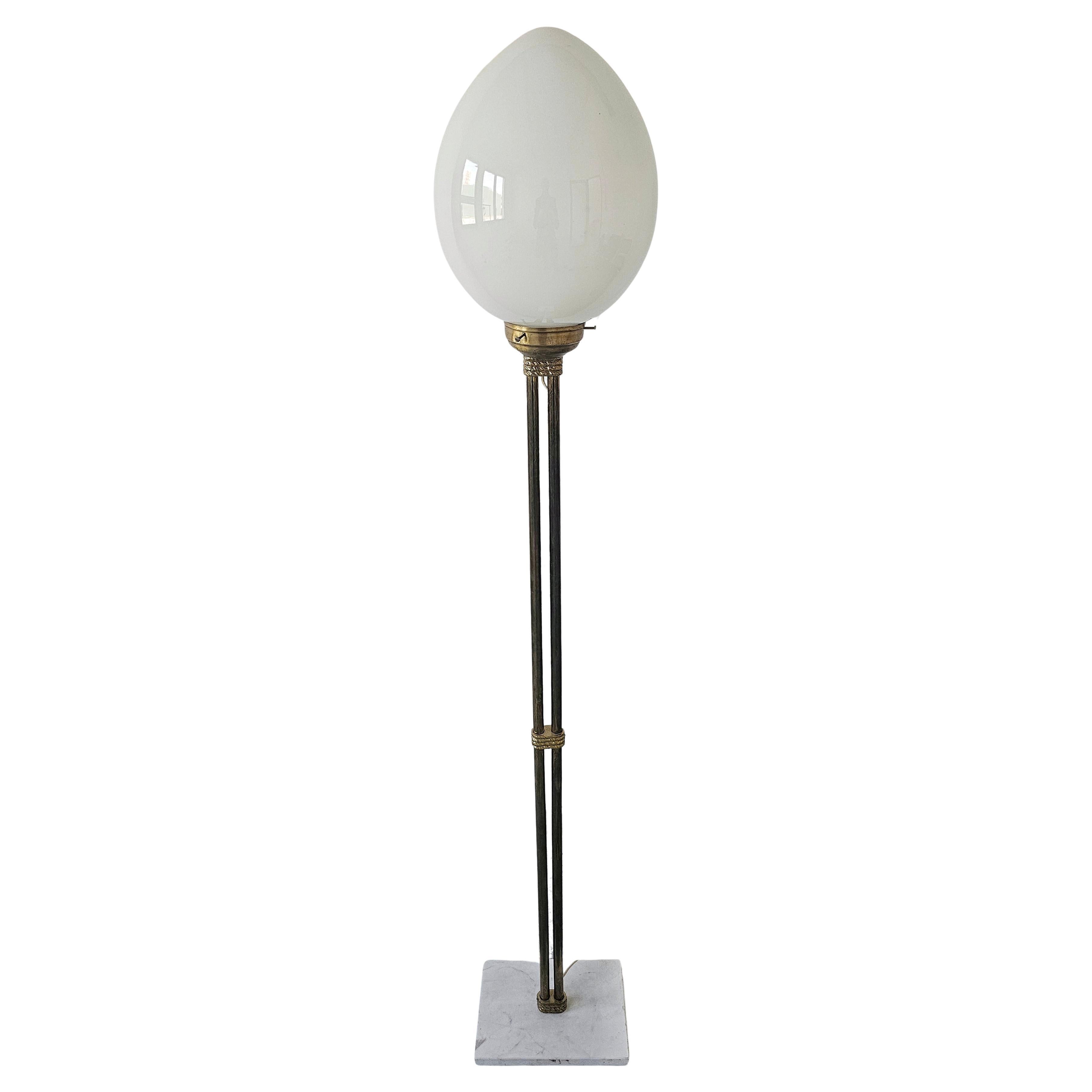 Mid Century Floor Lamp with Egg shaped glass shade, on brass and marble stand