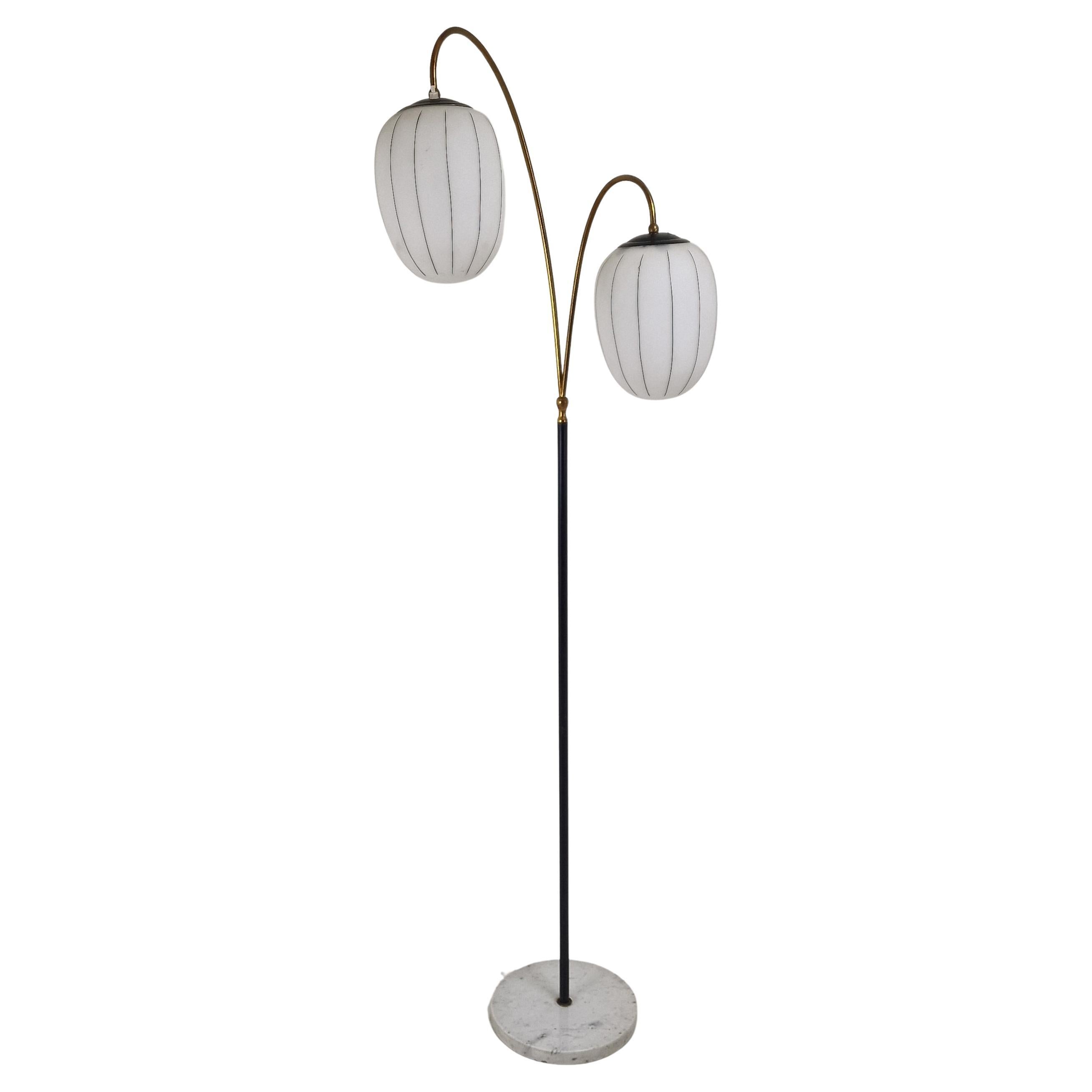 Mid Century Floor Lamp with Marble Foot and Opaline Glass, Italy 1960's For Sale
