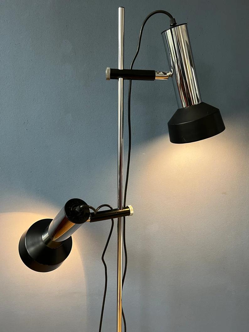 20th Century Mid Century Floor Lamp with Two Black / Chrome Spots, 1970s For Sale