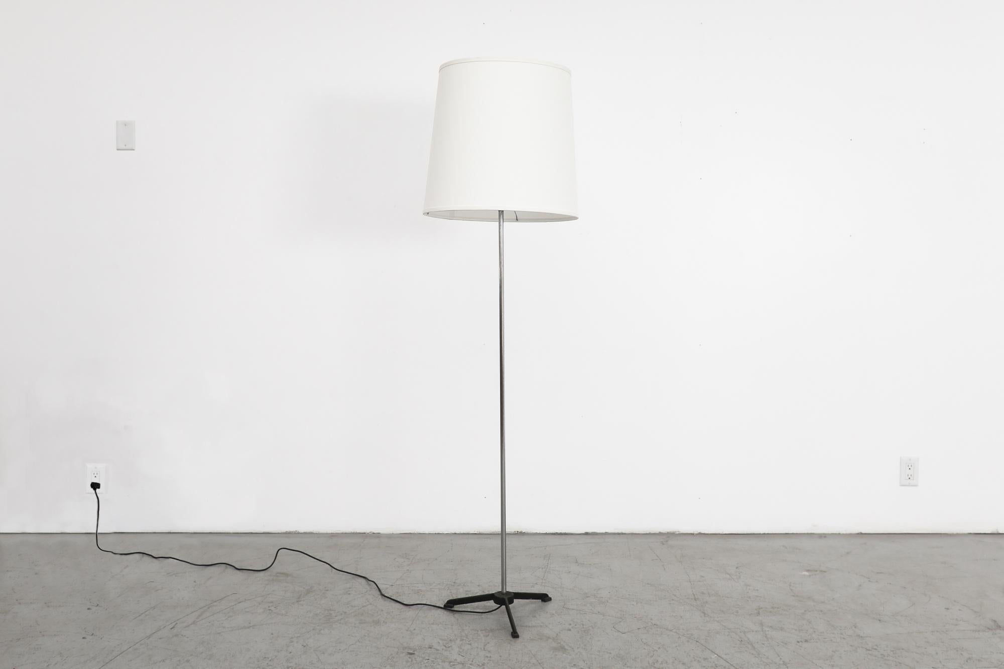 Dutch Mid-Century Floor Lamp w/ New White Tapered Drum Shade, Chrome Stem & Black Base For Sale