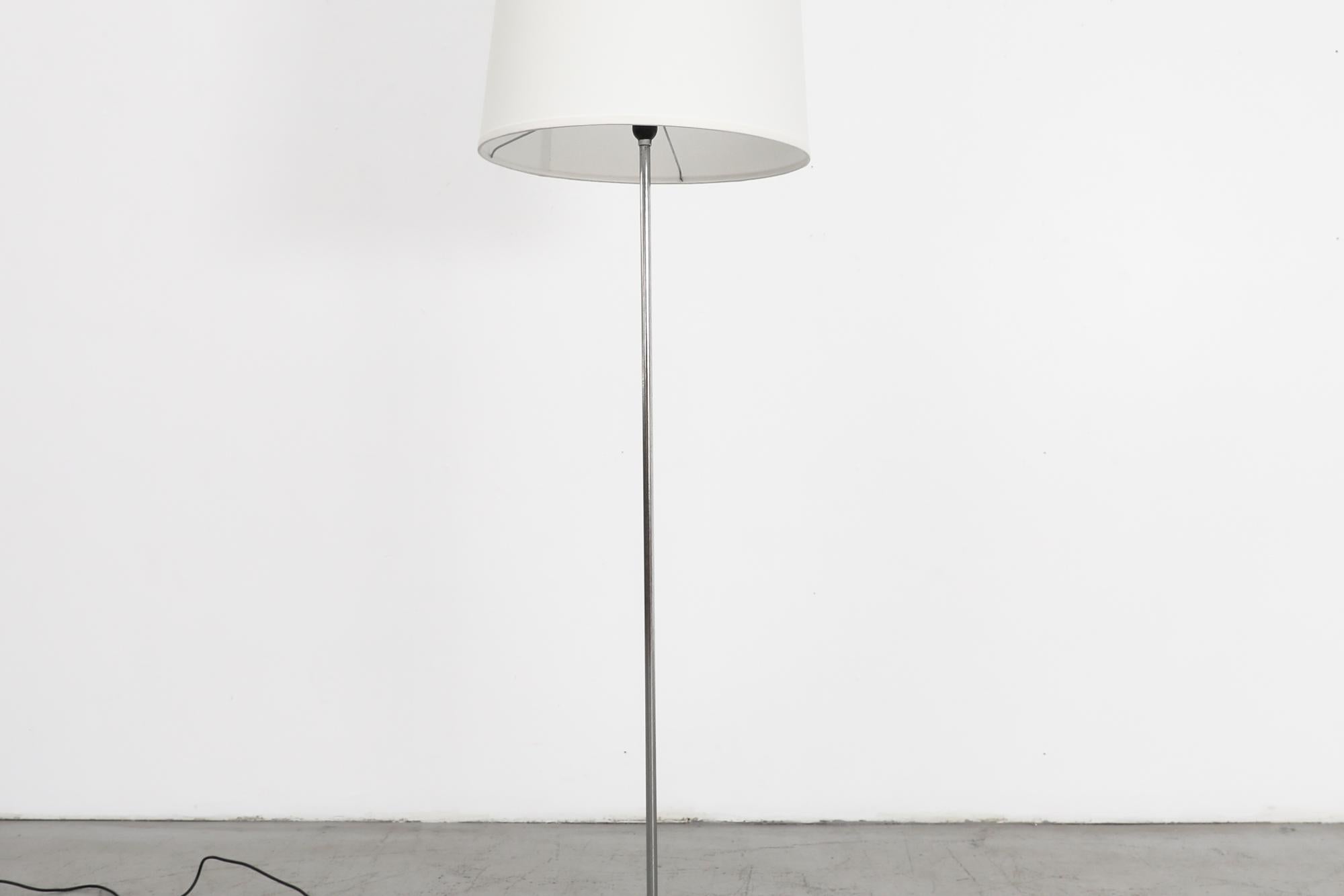 Enameled Mid-Century Floor Lamp w/ New White Tapered Drum Shade, Chrome Stem & Black Base For Sale