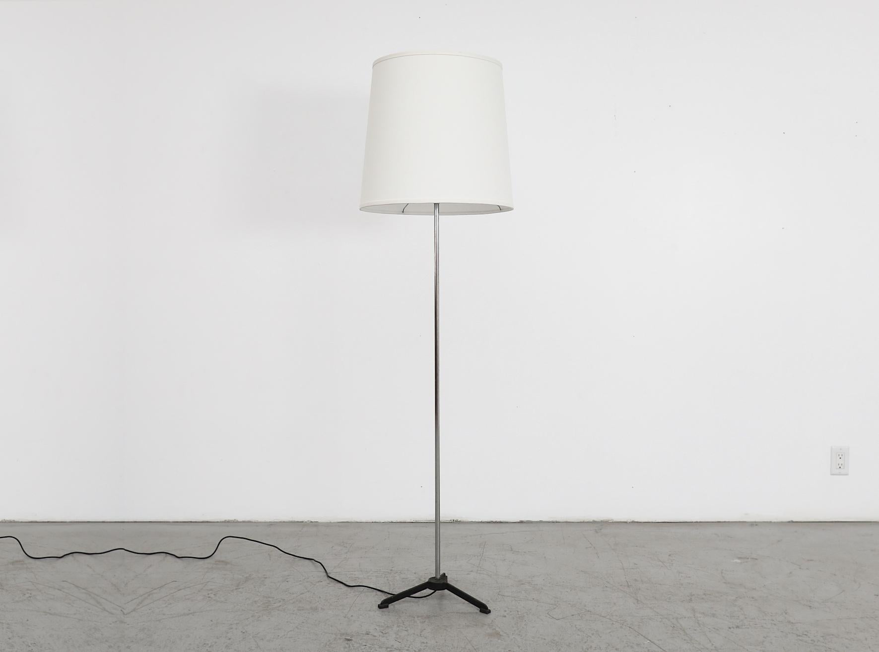 Mid-Century Floor Lamp w/ New White Tapered Drum Shade, Chrome Stem & Black Base For Sale 1