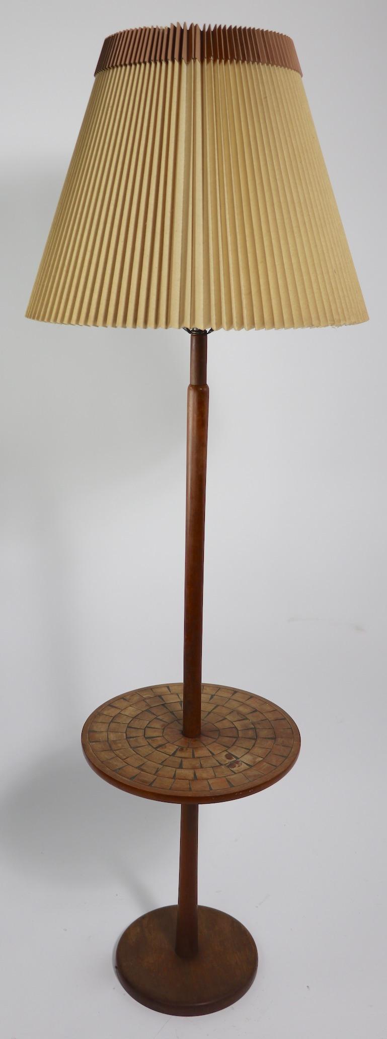 Walnut Mid Century  Floor Pole Lamp with Table Surface Possibly Gordon Martz For Sale