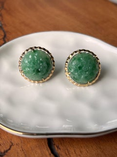 Mid Century Floral Carved Jadeite and 14k Yellow Gold Stud Screw Back Earrings