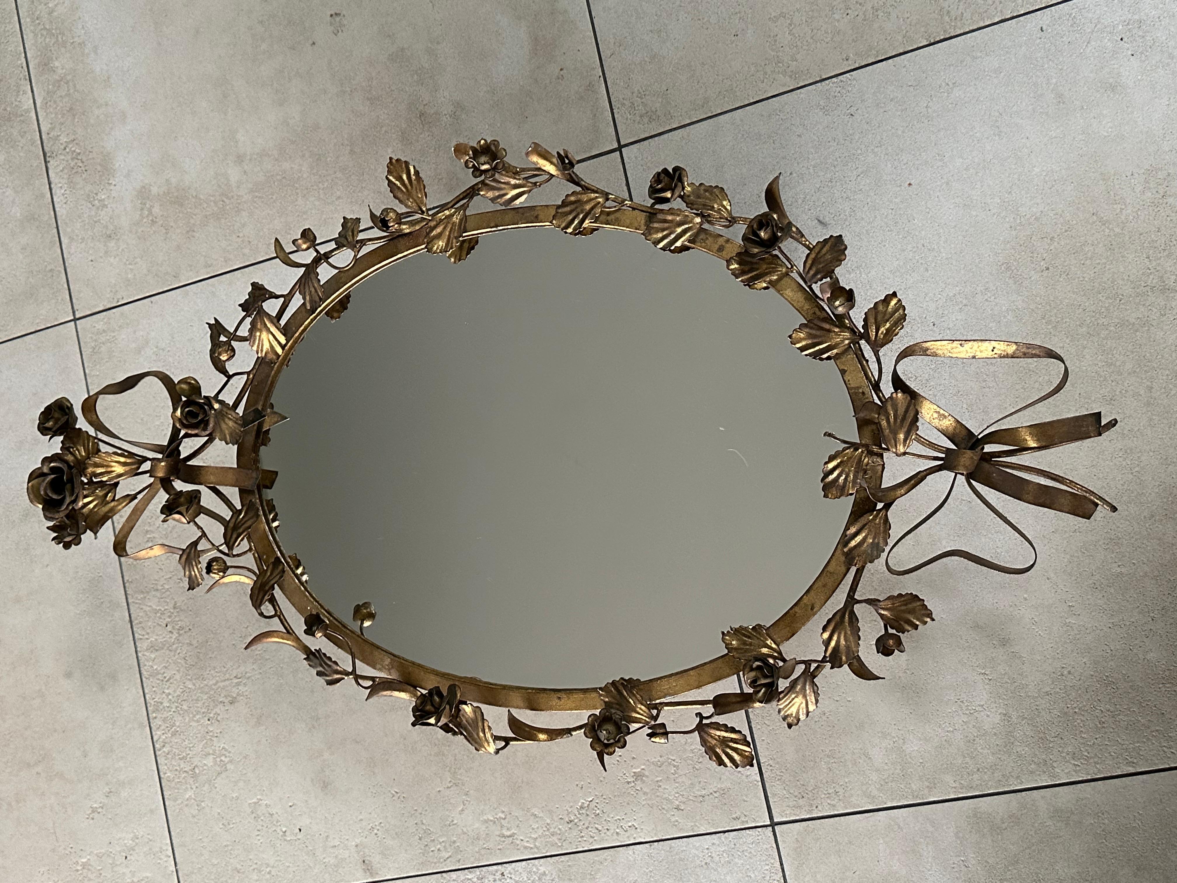 Mid-Century Floral Gilt Iron Wall Mirror, Italy 1950s For Sale 4