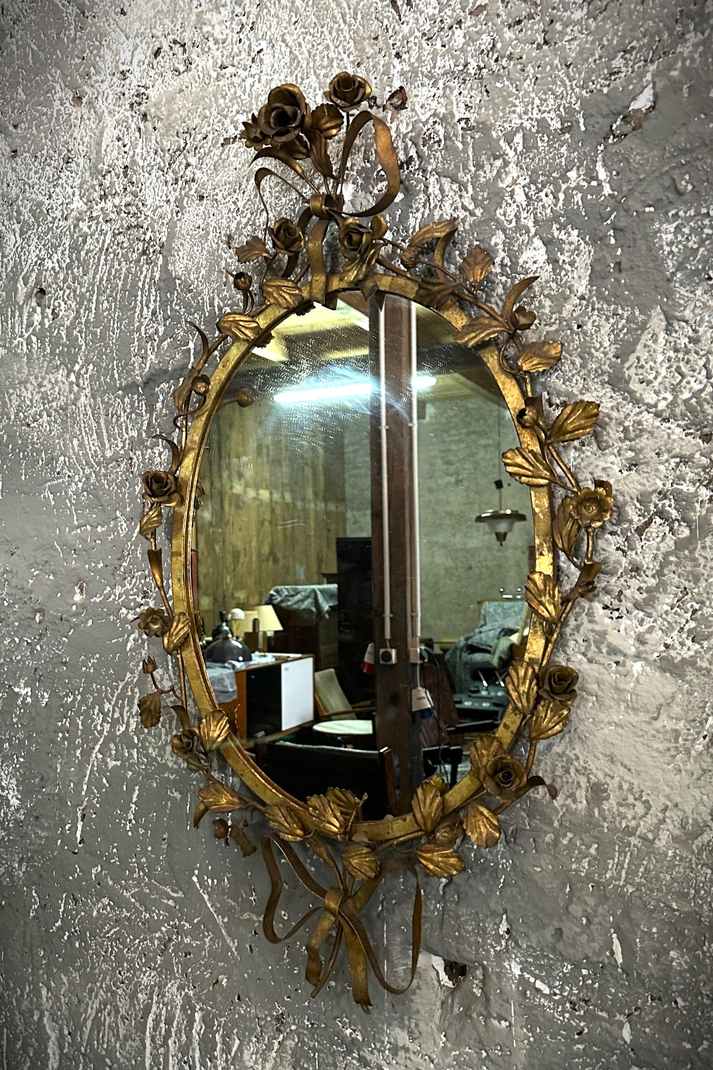 Mid-Century Floral Gilt Iron Wall Mirror, Italy 1950s For Sale 8